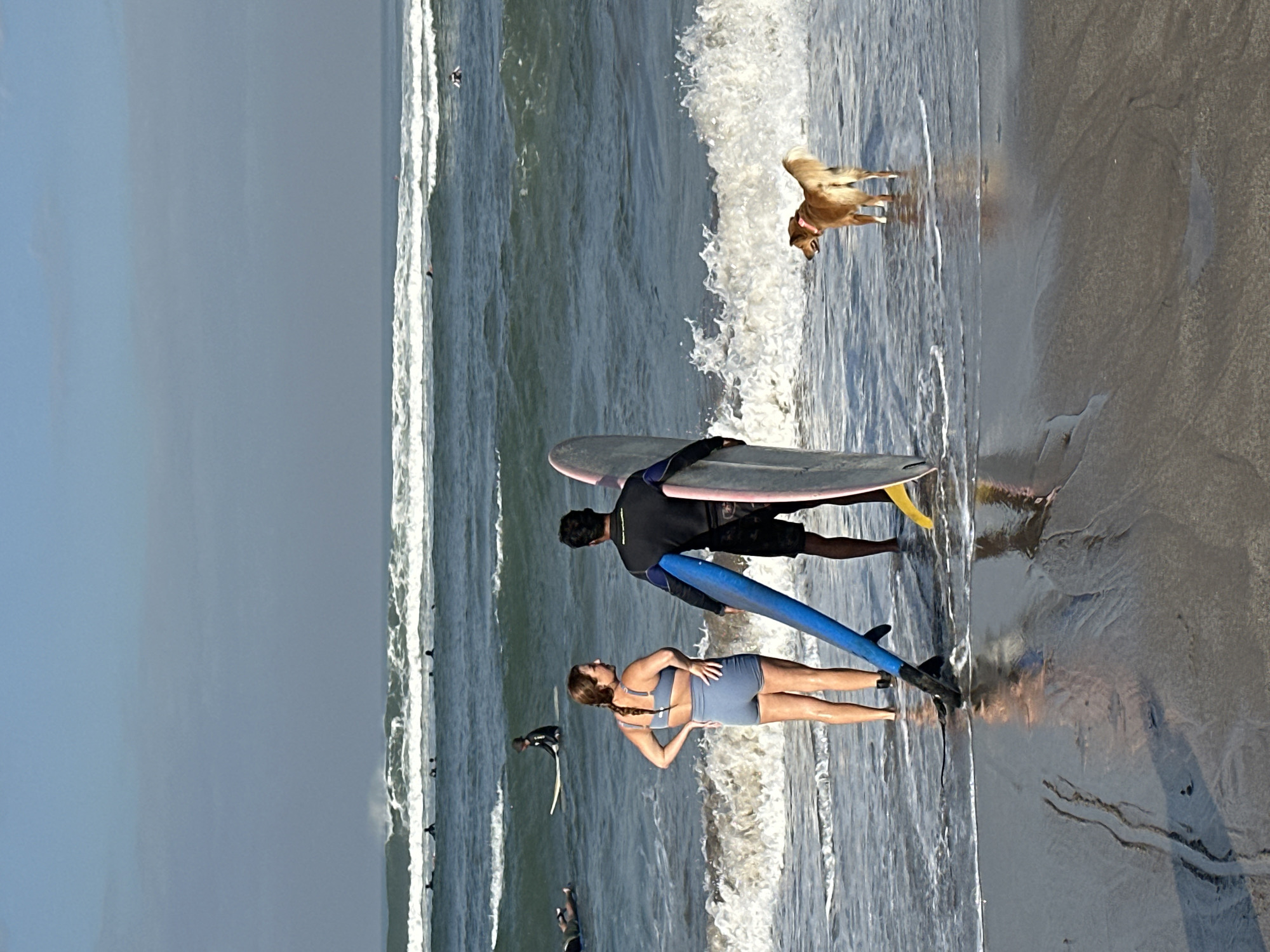 This image captures a beach scene in North Kuta, Indonesia, under a hazy, light blue-grey sky. In the foreground, three subjects stand at the water's edge where waves break gently on a wet sandy shore.
To the left, a woman with light brown hair styled in a braid stands with her back partially turned to the camera, looking towards the man. She is wearing a light blue sports bra and matching high-waisted shorts, with her hands resting on her hips. Her bare feet are in the shallow water.
Centrally, a man stands with his back to the camera. He is dressed in a black long-sleeved wetsuit top and dark patterned shorts. He holds two surfboards: a blue one with a black fin in his left hand, and a light pink/white one in his right hand. His bare feet are also in the shallow water.
To the right of the man, a medium-sized dog with reddish-brown fur, a bushy tail, and a pink collar stands facing towards the right, observing the incoming waves. Its tail is raised.
In the mid-ground, the dark blue-green ocean displays multiple lines of waves, some breaking into white foam. Approximately 10-15 individuals on surfboards are visible further out in the water, scattered across the scene, either paddling or waiting for waves. The horizon is level, meeting the indistinct sky.