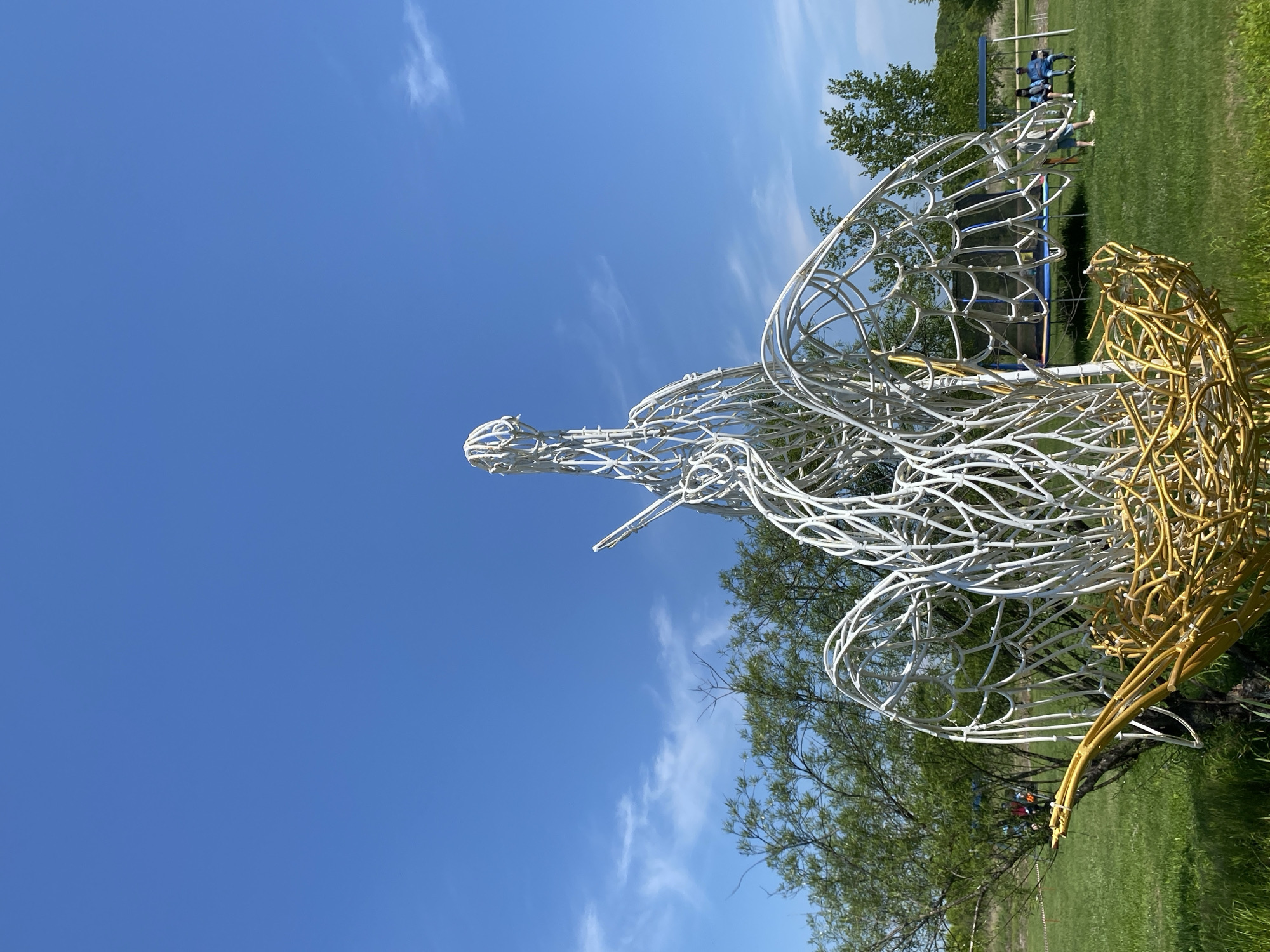 In an outdoor grassy area under a bright blue sky, a large, white wire sculpture of a bird sits in a golden nest. The bird is stylized with an open wing formation and an extended neck and head. In the background, several trees provide shade, and a trampoline and a bench are visible. A few people are scattered throughout the background, some seated on the bench, and others appearing to be near the trampoline. The overall scene suggests a public park or outdoor recreational space.