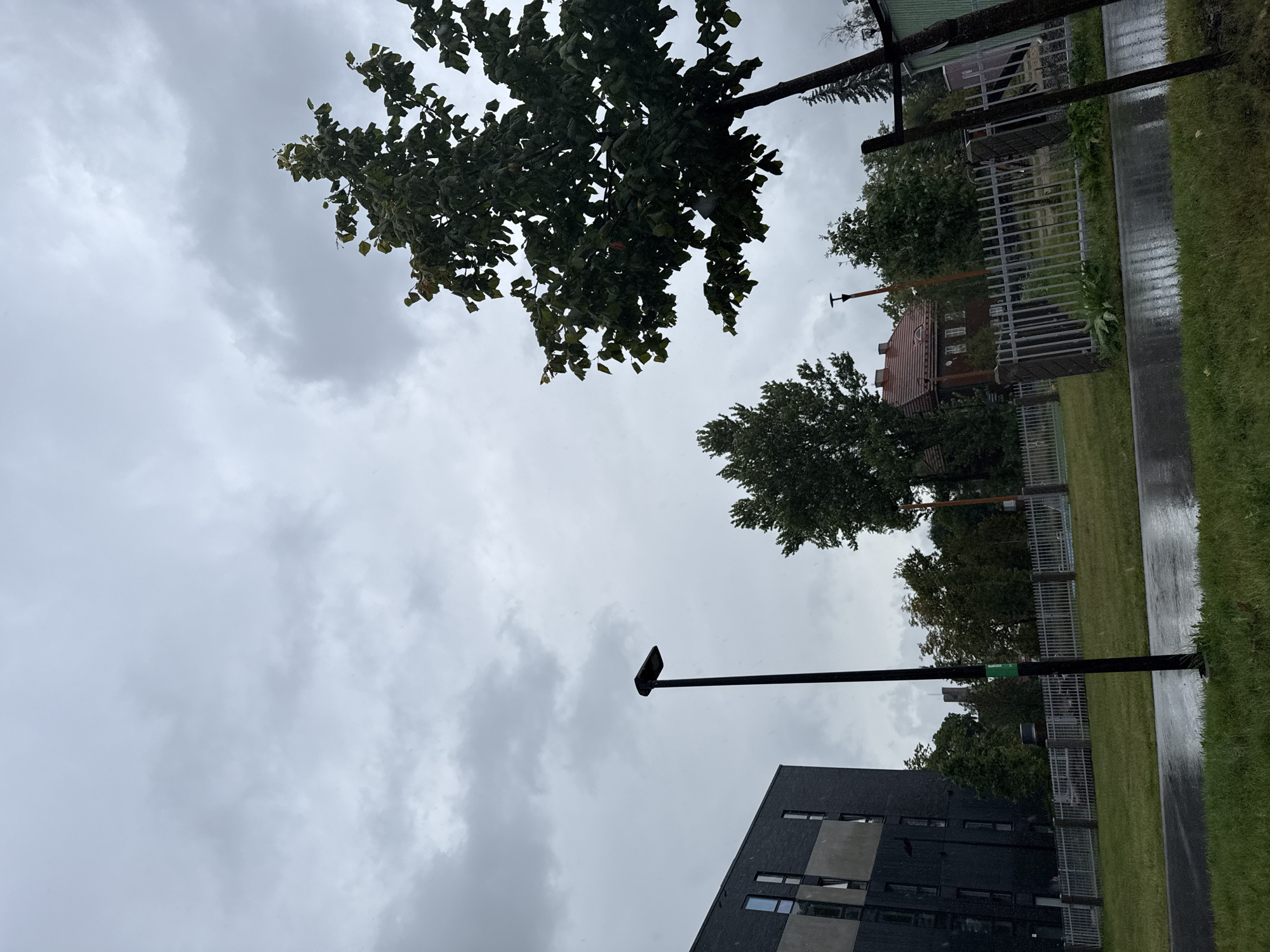 This image captures a cloudy, rainy day in Tallinn, Estonia. In the foreground, a wet, paved path is visible, bordered by lush green grass. A tall, black lamppost stands prominently on the right side of the path. Beyond the path, a metal fence encloses a grassy area with scattered trees.
In the background, a modern, dark-colored building with prominent windows is situated on the left. To the right of this, a traditional brick building with a red-tiled roof is visible, surrounded by trees. The sky is overcast with heavy grey clouds, indicating inclement weather. The overall scene suggests an urban or suburban environment during a downpour.