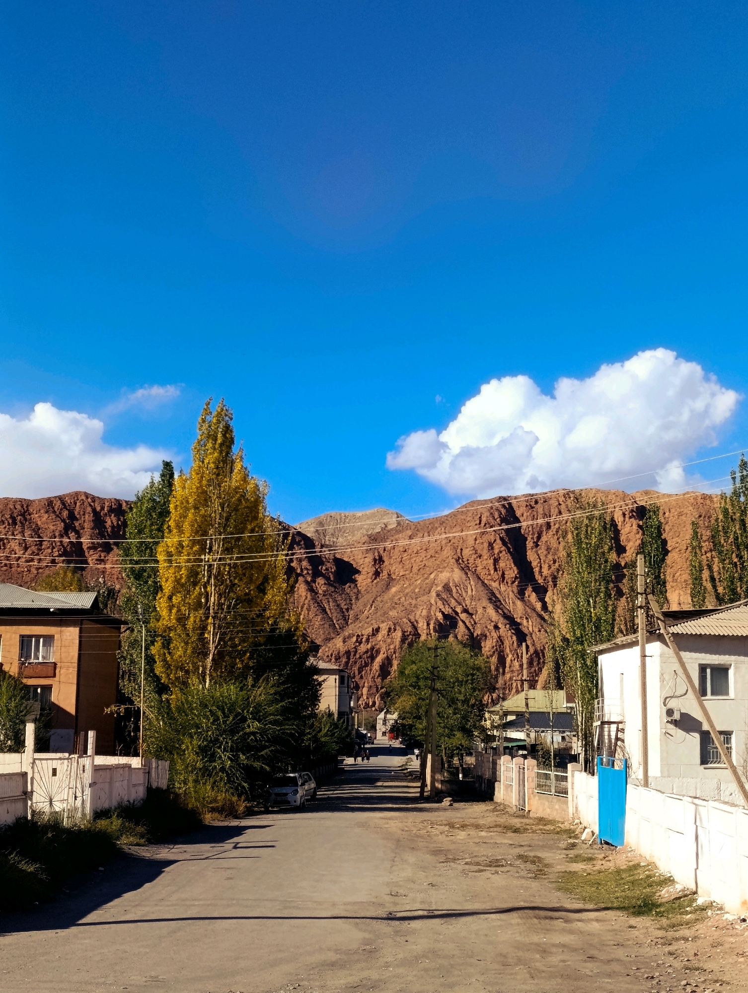 The image shows a view down a dusty road in Naryn City, Kyrgyzstan, with a backdrop of rugged, red-brown mountains. The sky is a vibrant blue with a few fluffy white clouds. On either side of the road are simple houses and fences. The house on the left is a light brown, two-story building with white-trimmed windows. A white decorative fence runs along the property line. To the right of the road, a white house with a grey roof is visible, featuring a bright blue gate. Tall, slender trees with yellow and green foliage line parts of the street, their branches casting shadows on the road. A silver car is parked on the right side of the road, partially obscured by vegetation. In the distance, a few more buildings and trees are visible, leading towards the imposing mountain range. Power lines are strung across the scene, supported by utility poles. The overall impression is one of a quiet, somewhat arid town nestled against a dramatic natural landscape.