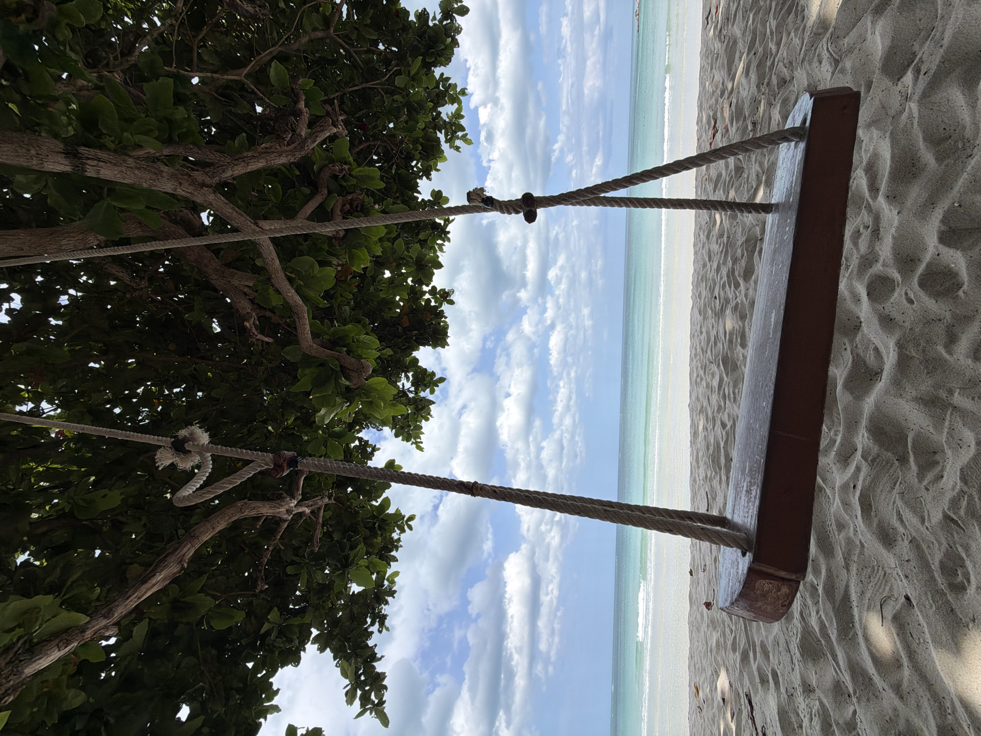 A wooden swing hangs from a tree by two thick ropes on a sandy beach. The sea is calm and turquoise in the background, with a few white clouds in the sky. The sand is light brown and appears undisturbed, suggesting a peaceful and secluded location. The scene evokes a sense of tranquility and relaxation, typical of tropical beach destinations. This image could be located in the Ko Samui District of Thailand, known for its beautiful beaches and island resorts.