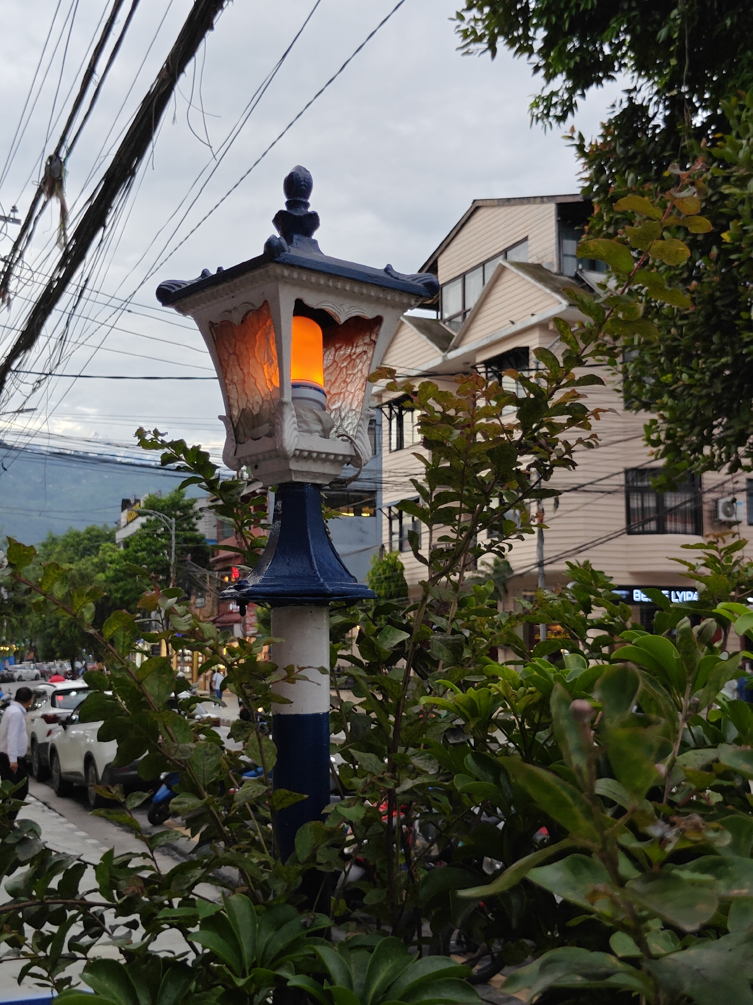 The image captures a street scene in Pokhara, Nepal. In the foreground, a decorative lamp post with a blue and white striped base and an ornate white top housing an orange illuminated bulb stands prominently. Lush green foliage partially obscures the lamp post and extends into the foreground, suggesting a garden or planted area along the street. Behind the lamp post, a street with parked cars and passing pedestrians is visible. The cars are of various colors, with white ones being most noticeable. Further in the background, buildings with light-colored siding and dark windows rise, indicating a commercial or residential area. Overhead, a complex network of electrical wires crisscrosses the sky, a common sight in many urban areas. The sky appears overcast, suggesting a cloudy or late afternoon atmosphere. The overall scene depicts an urban environment with a blend of nature and infrastructure.