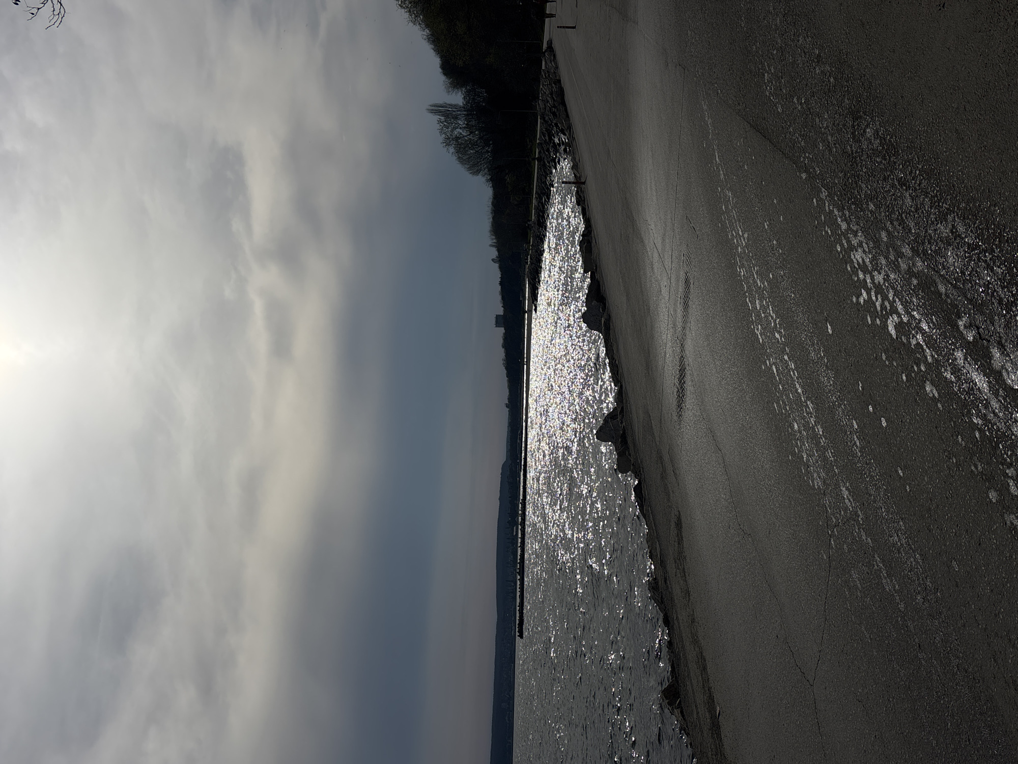 The image captures a waterfront scene, most likely the coastline along the Black Sea in Varna, Bulgaria. The foreground shows a paved promenade adjacent to the water's edge. The pavement is dark gray, appearing wet in places. The water reflects sunlight, creating bright shimmering patterns. In the background, there are trees along the coast with the sky and clouds above.