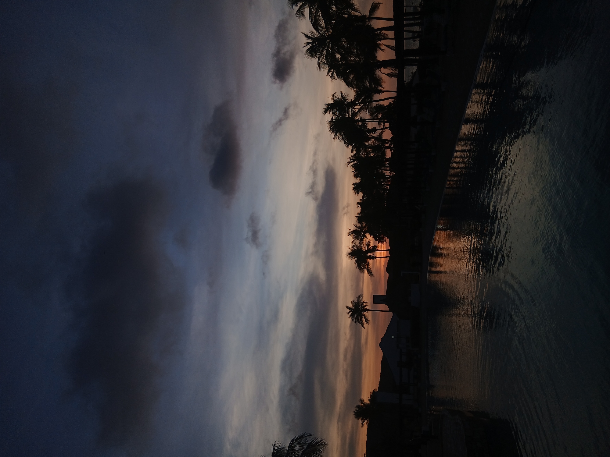 The image depicts a scene at dusk in Altagracia, Venezuela. Silhouetted palm trees line the edge of a body of water, likely a swimming pool. Their reflection is visible in the water. The sky shows a gradient of colors ranging from dark blues and grays to orange hues near the horizon where the sun has recently set. Buildings are present along the shoreline but are mostly obscured in shadow. There are no people visible.