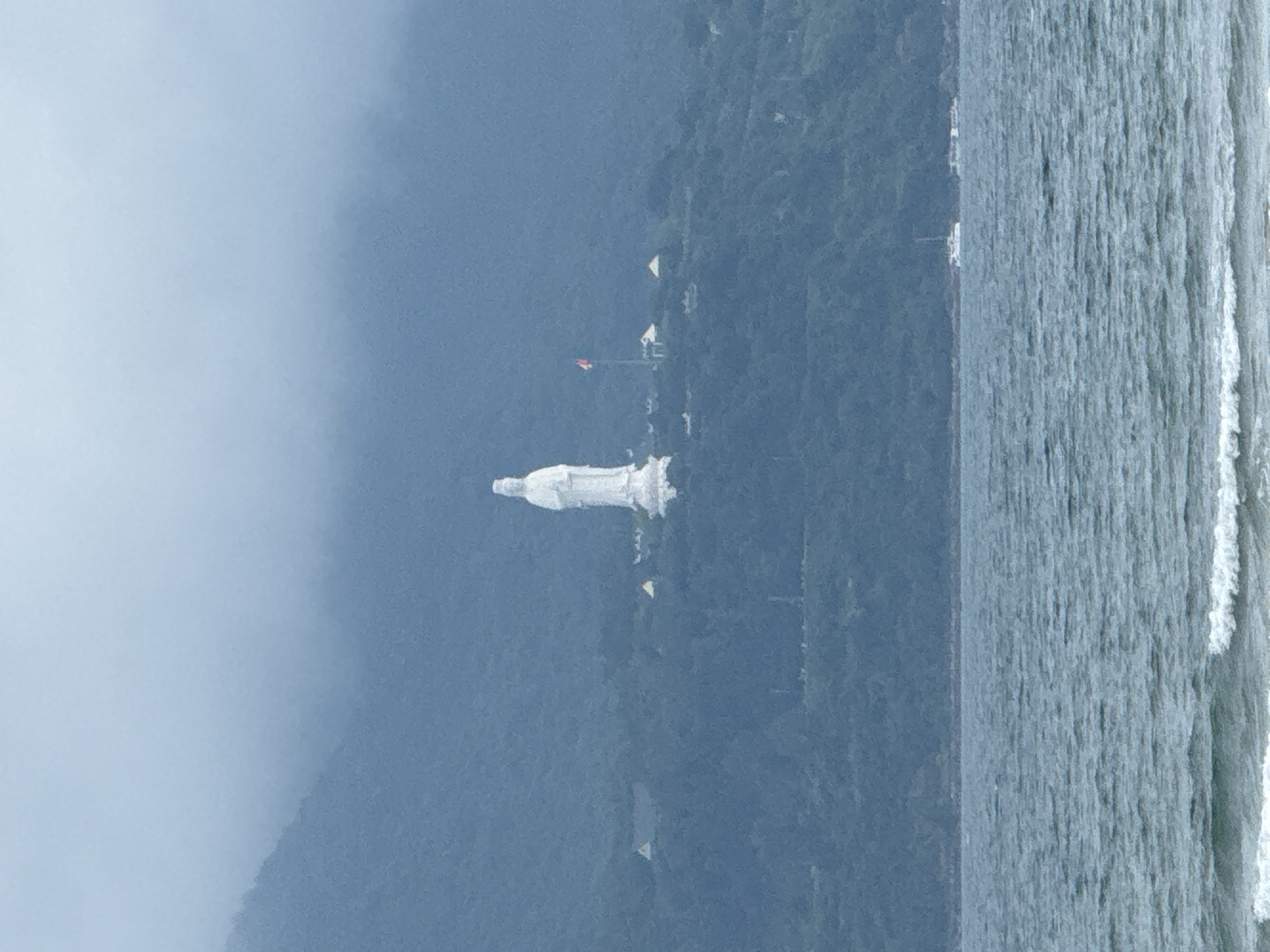 The image depicts a large, white statue of a woman standing in a mountainous, forested area near the coast of Đà Nẵng, Vietnam. The statue is likely the Lady Buddha statue at the Linh Ung Pagoda. The scene also features the ocean on the right side and some structures in the foreground including some temples. The weather looks cloudy.