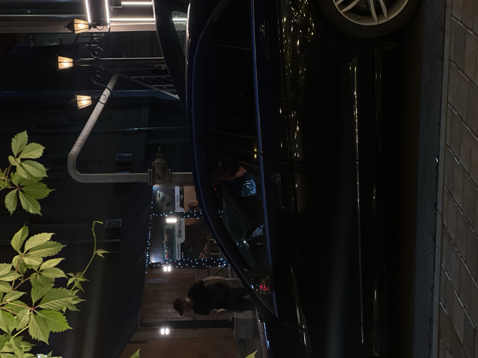 A black car is parked on a brick sidewalk, next to a gray wall with a vine climbing up it. A man is walking behind the car. A sign that reads "Blackcat" can be seen. The area is lit by street lights. The car is a BMW. This image was taken in Yerevan, Armenia.