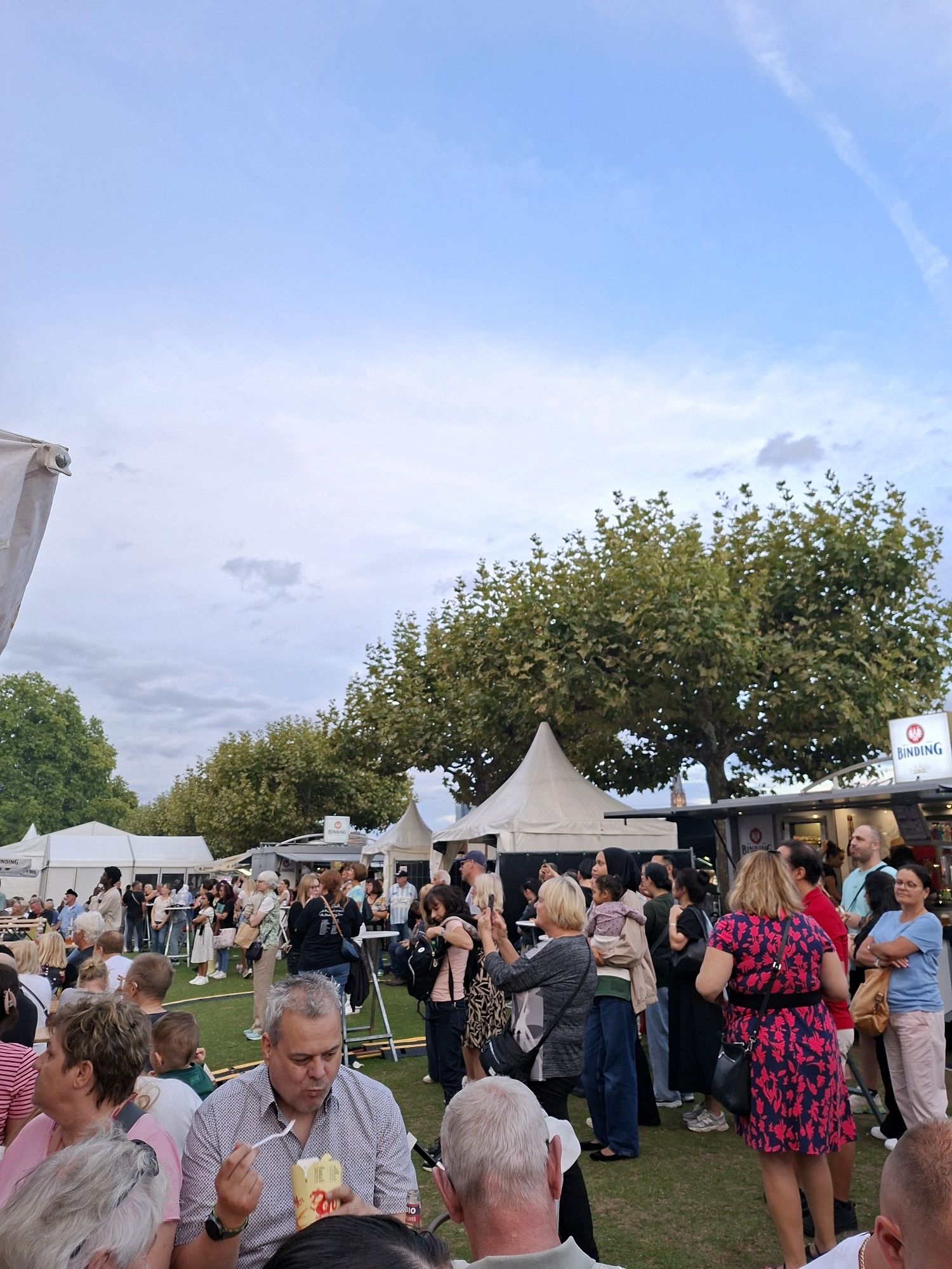 A crowd of people are gathered outdoors at an event, possibly a festival, in Frankfurt, Germany. The sky is overcast with a light blue hue. In the foreground, a man with grey hair is eating from a carton with a plastic spoon. Behind him, other people are visible sitting and standing. To the right, a woman in a pink and blue floral dress is standing with her back to the camera. In the background, there are several tents and stalls, including one with a "BINDING" sign. Trees with lush green foliage line the background. The ground is covered in green grass. The overall atmosphere appears casual and festive.