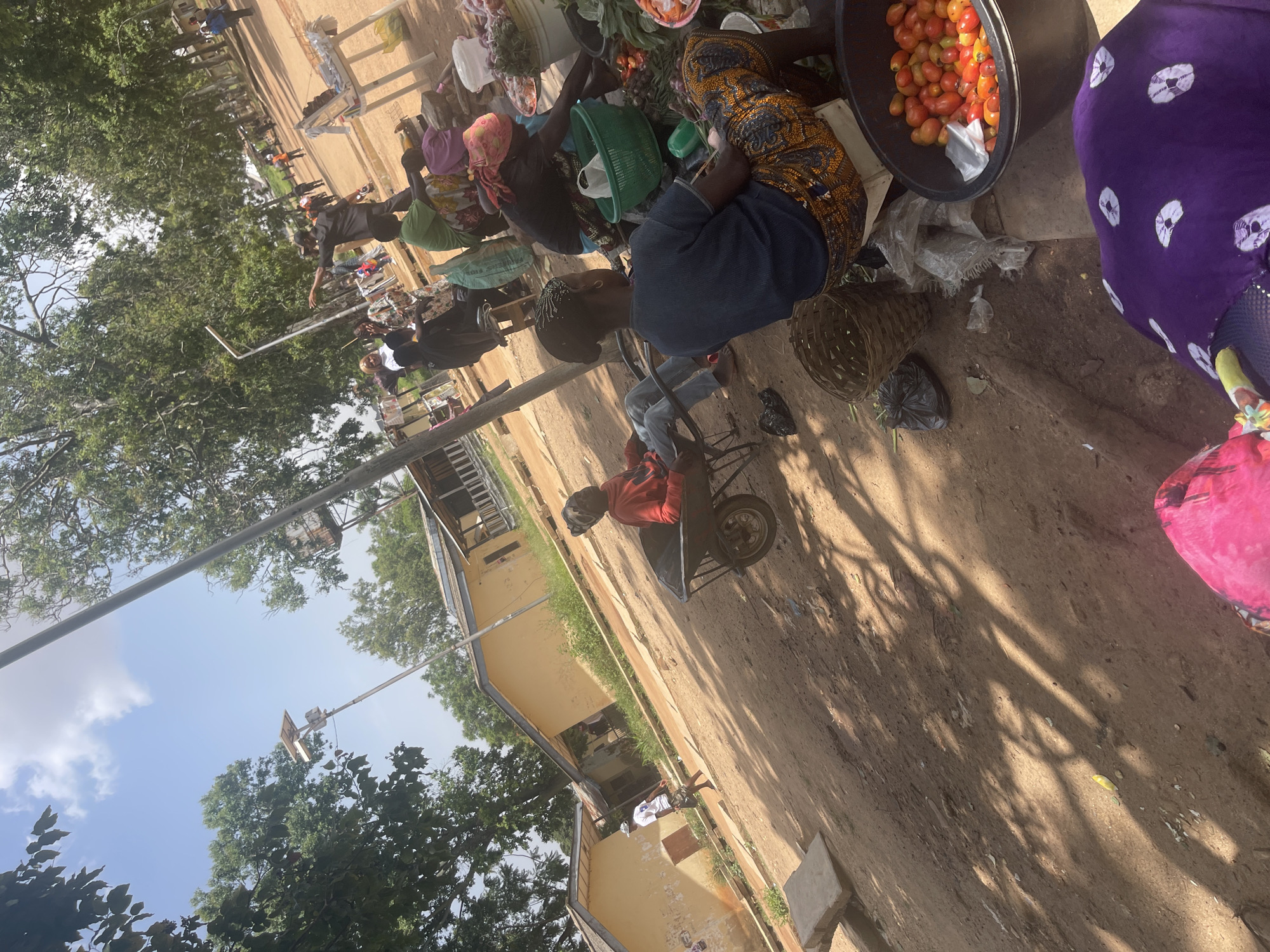 This image depicts a bustling outdoor market scene in Rafin Par, Nigeria. Several individuals are present, appearing to be vendors and shoppers. In the foreground, a person is sitting in a wheelbarrow. Behind them, a woman in a vibrant, patterned skirt and a dark top is visible, with a bowl of red tomatoes to her left. Another woman to her left wears a pink headscarf and a green shirt. In the background, more people are gathered around stalls displaying various goods, including what appears to be produce and fabrics. The ground is a mixture of dirt and sand, and the scene is shaded by the leaves of nearby trees. Sunlight filters through the foliage, creating dappled shadows. The presence of market stalls, diverse groups of people, and the general atmosphere suggest a typical daytime market activity. The sky is visible in the upper left, with some clouds. The overall impression is one of everyday commerce and community interaction in a vibrant, open-air setting.