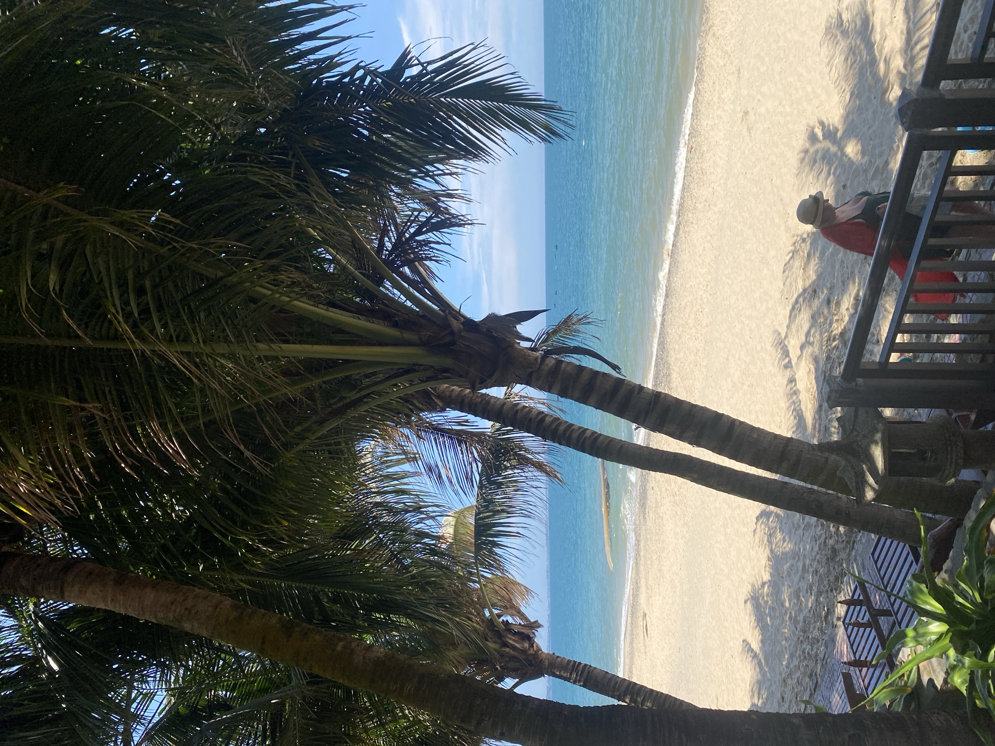 The image depicts a beach scene in Phu Thuy Ward, Vietnam, with palm trees in the foreground casting shadows on the sand. The turquoise ocean stretches to the horizon under a bright blue sky with scattered clouds. A sandy beach is visible with gentle waves lapping the shore. In the middle ground, a person wearing a hat and a red shawl walks on the sand. To the left, several lounge chairs are set up on the beach, some with bottles on them. A wooden railing and a lantern are present in the lower right corner, suggesting a viewpoint or seating area overlooking the beach.