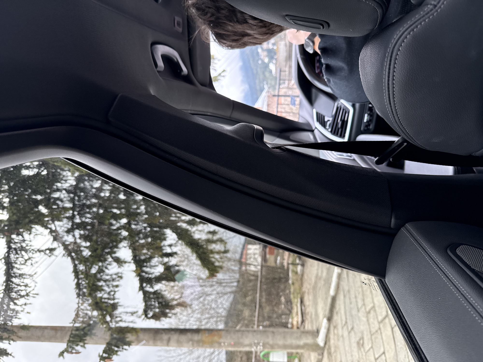The image depicts an interior view from within a car, oriented to the left. A driver with short, dark hair is visible in the background, seated and holding the steering wheel. The seat on the right, upholstered in dark leather with light stitching, is prominently featured. The interior trim is dark, likely black or dark gray. Outside the car window, a blurred view shows trees, possibly pine trees given their shape, and buildings, indicating an urban or suburban setting. The weather appears overcast or cloudy. The specific location within Lilkovo, Bulgaria, is not discernible from the visual information provided.