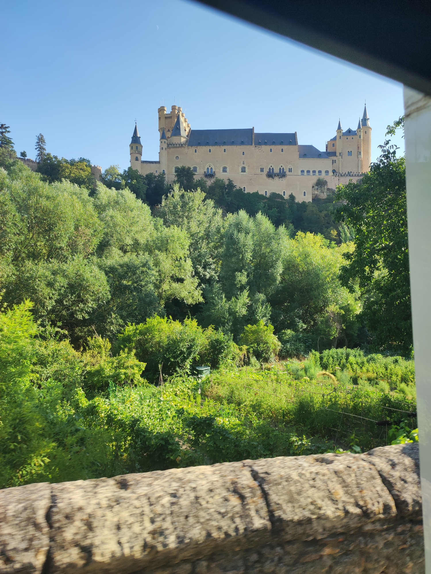 The image depicts the Alcázar of Segovia, a historic castle located in Segovia, Spain. The castle is situated on a rocky promontory above the confluence of two rivers. It is a large, imposing structure with multiple towers, turrets, and battlements, constructed from a light-colored stone. The castle is surrounded by lush green trees and vegetation, with a clear blue sky above. In the foreground, a stone wall or railing is visible, suggesting the image was taken from a vantage point looking towards the castle. The lighting suggests it is daytime, with the sun casting shadows. No people or specific actions are discernible in the image.