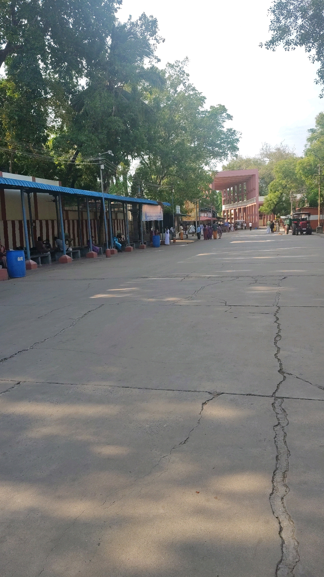 The image depicts an outdoor scene at what appears to be a bus or waiting area, possibly in Palani, India, given the architectural style and vegetation. In the foreground, a cracked concrete ground is visible, with shadows from trees cast across it.
To the left, a covered waiting shed with a blue roof is present, supported by pillars. Several individuals are seated on benches under this shed. Two large blue cylindrical bins are placed in front of the shed. The shed has a wall with vertical red and white stripes behind the seating area.
Further to the right, the scene opens up to a wider paved area. A line of people are standing and walking, facing towards the right. In the background, there's a large, multi-story building with a reddish-brown facade and arched openings. To the far right, a red tractor is parked. Lush green trees are abundant throughout the scene, indicating a potentially warm climate. The sky is bright and appears to be during daylight hours.