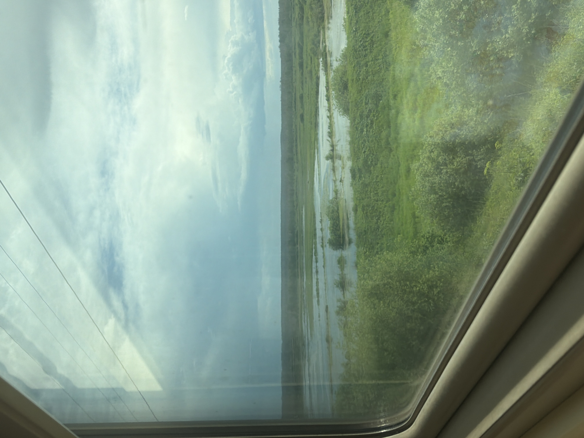 The image shows a view from a window, likely of a train, looking out at a flooded landscape. The foreground is dominated by the window frame and reflections on the glass, which obscure parts of the view. Beyond the window, there is a wide expanse of water with patches of green vegetation emerging from it. This water appears to be a natural body, possibly a river or lake, with evidence of a recent flood. The background consists of a dense green forest stretching across the horizon under a cloudy sky. The sky is a mix of blue and grey clouds, suggesting a possibly overcast or changing weather condition. There are power lines visible across the top of the frame, casting shadows on the sky. The scene is devoid of any human presence or activity, focusing solely on the natural environment. The location is identified as Oktyabr'skii, Russia.