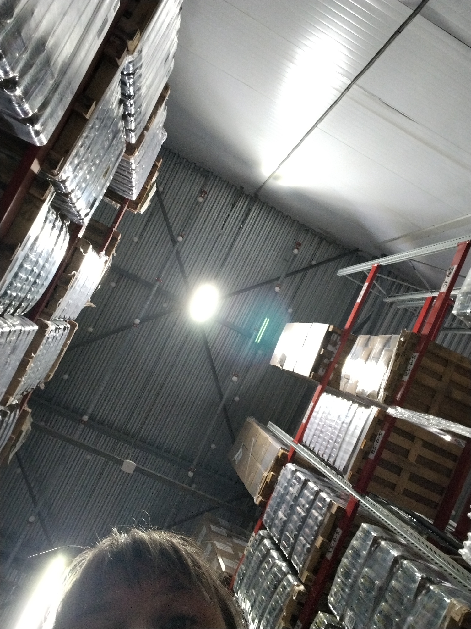 The image provides an upward-looking perspective from inside a large industrial warehouse or storage facility. The scene is dominated by tall metal racking systems, featuring red uprights and silver crossbeams, which are densely packed with numerous wooden pallets. These pallets are stacked several levels high, reaching towards the corrugated metal ceiling, and hold goods primarily wrapped in clear plastic, likely bottles or containers, alongside some cardboard boxes.
At the very bottom of the frame, the top of a person's head is visible, including their hair, forehead, and a portion of their eyes, suggesting the photo is a selfie taken while looking upwards.
The ceiling itself is made of corrugated metal panels. Several bright artificial light sources illuminate the area, with one intensely bright central light directly overhead. Smaller spherical objects, possibly sprinkler heads or minor light fixtures, are also mounted on the ceiling.
Faint alphanumeric labels are present on the racking and some pallets. On the right-side racking, partial text such as "S-J-30" and "S-J-S" can be observed, with similar, blurry codes like "S-5-5" and "S-S-S" visible on lower pallets. The bright indoor lighting indicates typical working hours, and the overall environment is functional and organized. The location context provided for this facility is Заволжье, Russia.