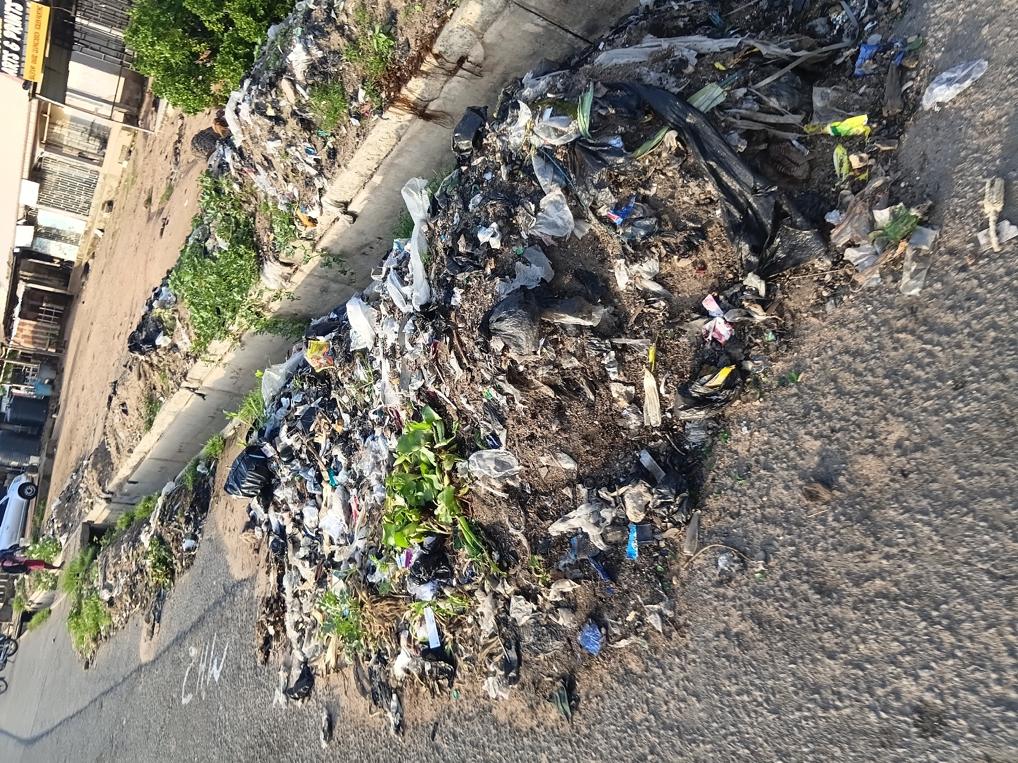 The image depicts a street in Jalingo, Nigeria, with a significant amount of refuse piled along the side of the road and in a drainage ditch. The refuse consists primarily of plastic bags, food wrappers, and other assorted debris. Green vegetation is growing amidst the trash. In the background, a few buildings are visible, along with a silver car and a person walking. The scene suggests a lack of proper waste management in the area.
