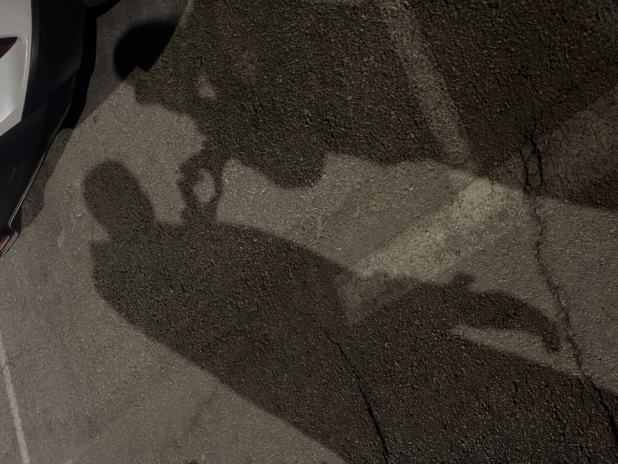 The image depicts an asphalt surface, likely a road or parking lot, with the shadows of two people cast upon it. The shadow on the left appears to be holding a cylindrical object or a camera. A portion of a car, including its bumper, is visible on the left edge. The setting appears to be outdoors, possibly at night or in low-light conditions. The location is identified as Arroyo De La Miel-Benalmadena Costa, Spain.