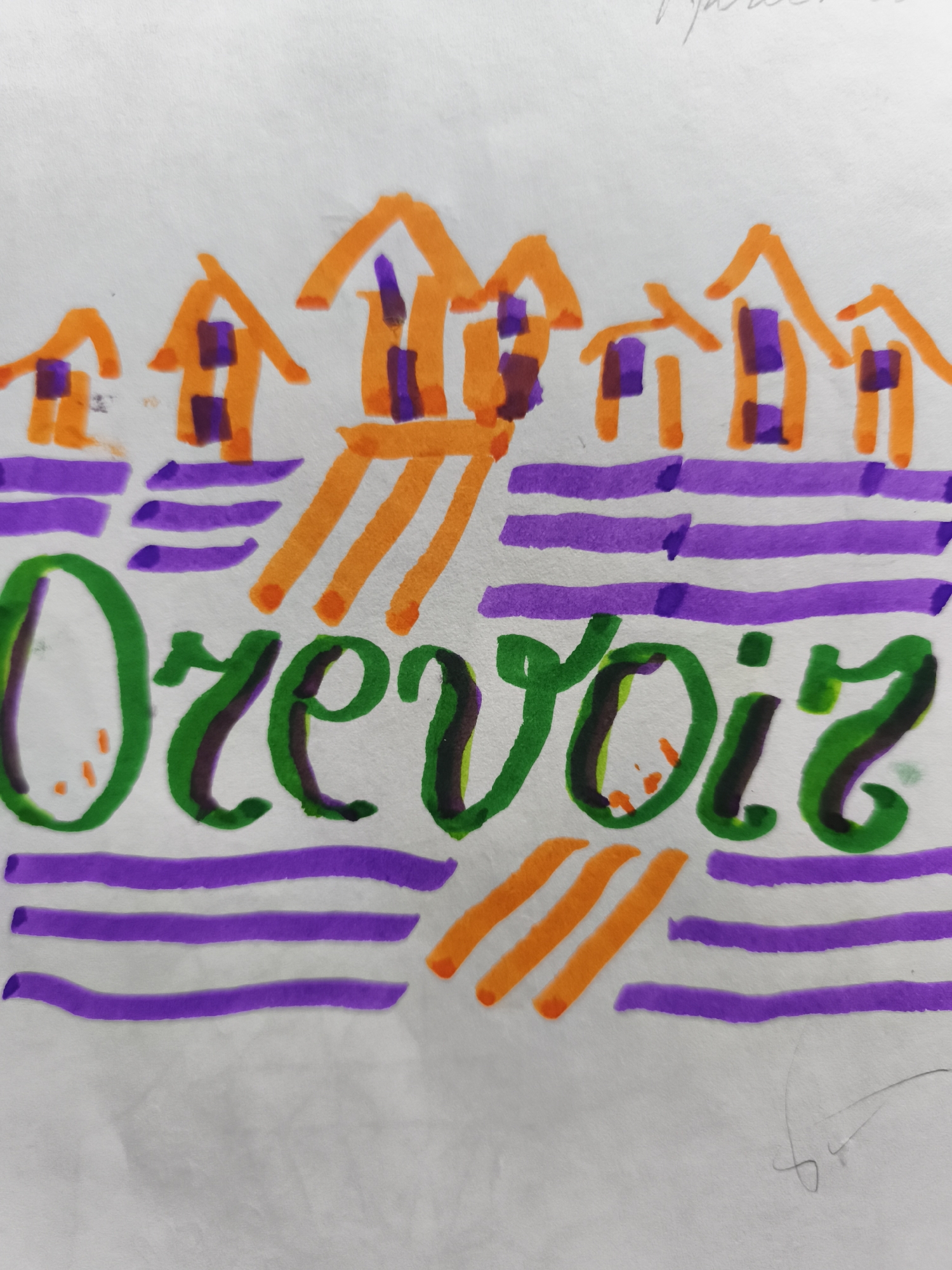 The image displays a piece of paper with a drawing that appears to be a stylized depiction of houses and the word "Au revoir" written in large, colorful letters. The houses are drawn in orange with purple accents, arranged in a row across the top of the paper. Below the houses, there are rows of purple horizontal lines. The word "Au revoir" is written in green with purple outlines and some orange accents, dominating the lower half of the drawing. The drawing is done on what appears to be plain white paper. There are no people or specific landmarks of Saint-Denis, France visible in the image.