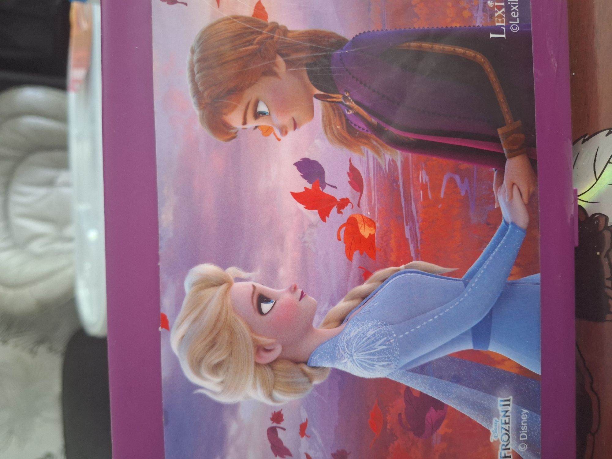 The image is a close-up of a purple box, likely a lunchbox or storage container, featuring characters from Disney's "Frozen II." The main subjects are Elsa and Anna, the two protagonists, depicted in profile facing each other. Elsa, on the left, has blonde hair styled in a braid and wears a light blue dress with intricate white patterns. Anna, on the right, has auburn hair and wears a dark purple cloak over a lighter purple garment. Both characters are holding hands. The background of the image is an autumnal landscape with a purple and orange sky, stylized trees, and falling leaves. The "Disney Frozen II" logo is visible in the bottom left corner of the image, along with the "Disney" copyright mark. A "Lexi" logo is also present in the bottom right corner. The box appears to be resting on a surface, with the background out of focus, suggesting an indoor setting. There is no visible indication or context that would place this image in Bochum, Germany.