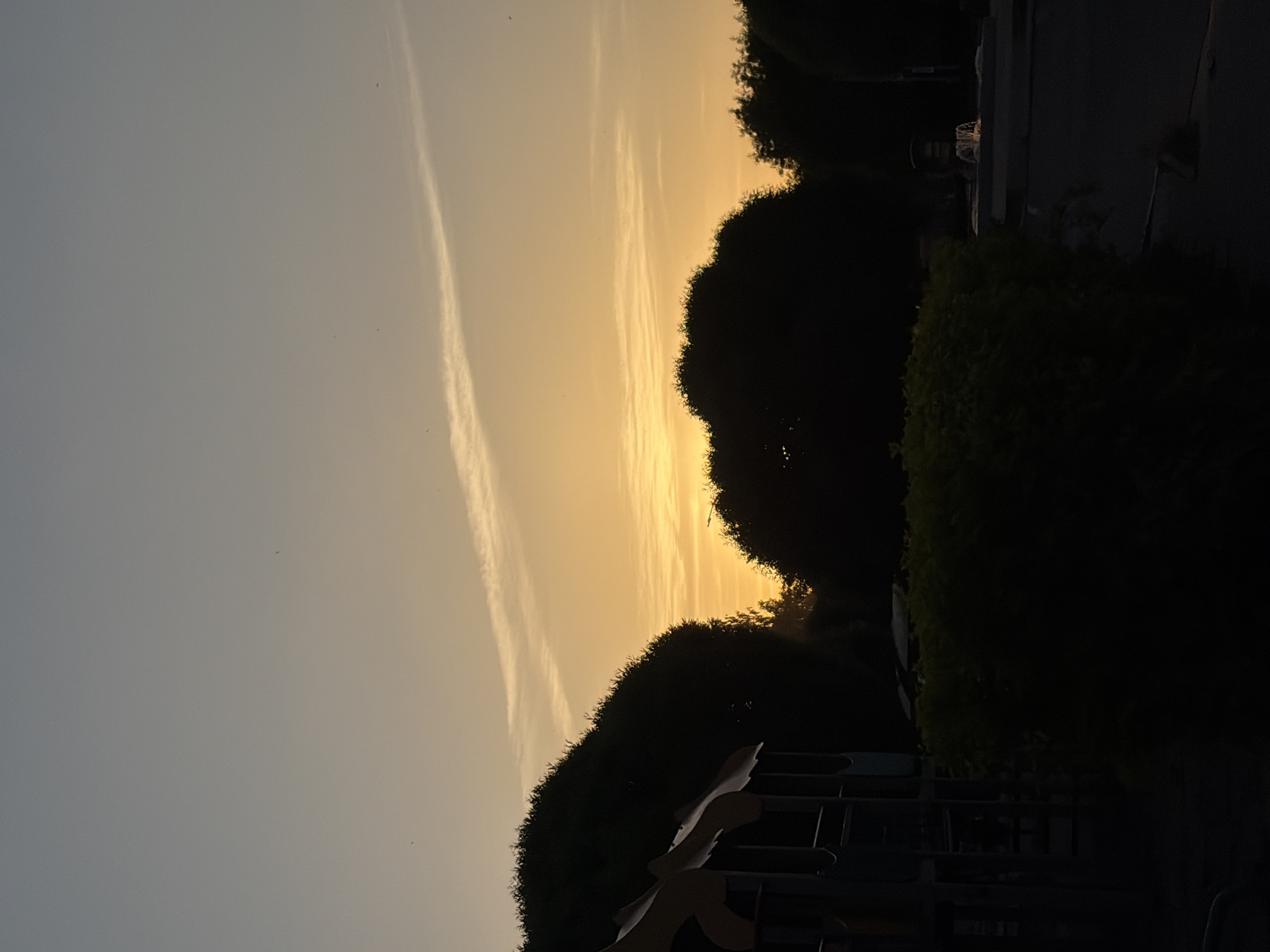 The image captures a late afternoon or sunset scene in what appears to be a residential area, possibly within the city of Chaikovsky, Russia, given the user's prompt. The foreground features dark silhouettes of trees and shrubs, with a playground structure visible beneath them. In the distance, there are indications of building structures. The sky exhibits a gradient from light blue to yellow with contrails, suggesting a time close to sunset. The scene appears tranquil, with no visible human activity. The overall impression is of a quiet, suburban setting at dusk.