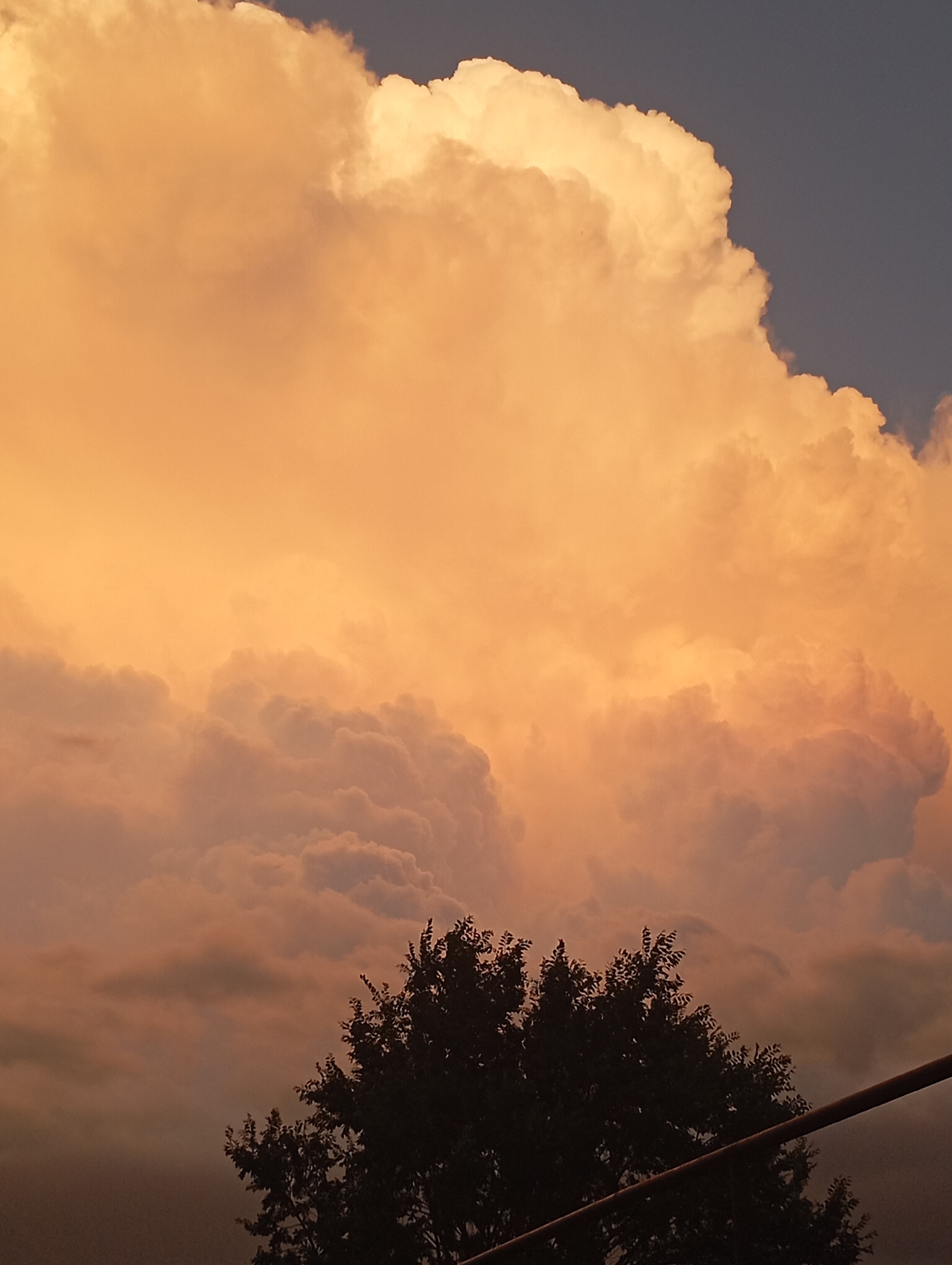 The image depicts a dramatic sky filled with large, voluminous clouds illuminated by an orange sunset. The clouds are a dominant feature, with varying shades of orange and white, suggesting a powerful atmospheric event. Towards the bottom of the frame, a silhouetted tree stands starkly against the bright sky. A dark, horizontal pole or wire runs across the lower right corner of the image. The scene is set against a backdrop of a dusky, possibly rural or semi-urban environment, as indicated by the partial view of the tree and the simple horizontal line which could be part of a utility pole. The location is specified as being in the vicinity of the Border Gyumri-Akhuryan in Armenia. There are no people or discernable actions visible in the image.