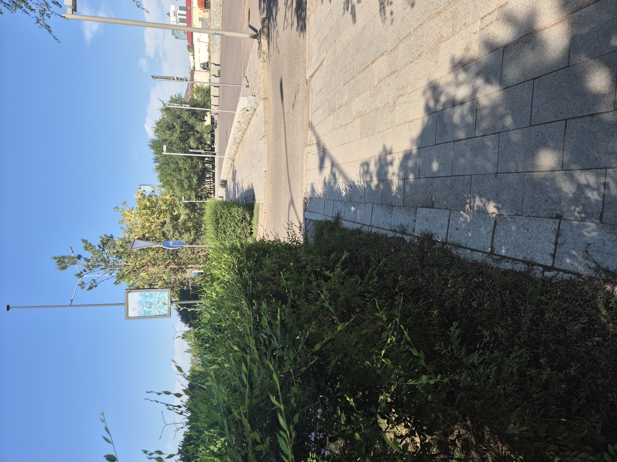 The image depicts a paved walkway in Astana, Kazakhstan, bordered by a dense green hedge on the left and a street on the right. The walkway is made of light-colored rectangular stones, and shadows of trees are cast across it. In the background, there are trees, streetlights, traffic signs, and buildings. A sign with an abstract image is displayed on a tall pole. The sky is clear and blue. The scene suggests a public outdoor area, possibly a park or a street lined with greenery.