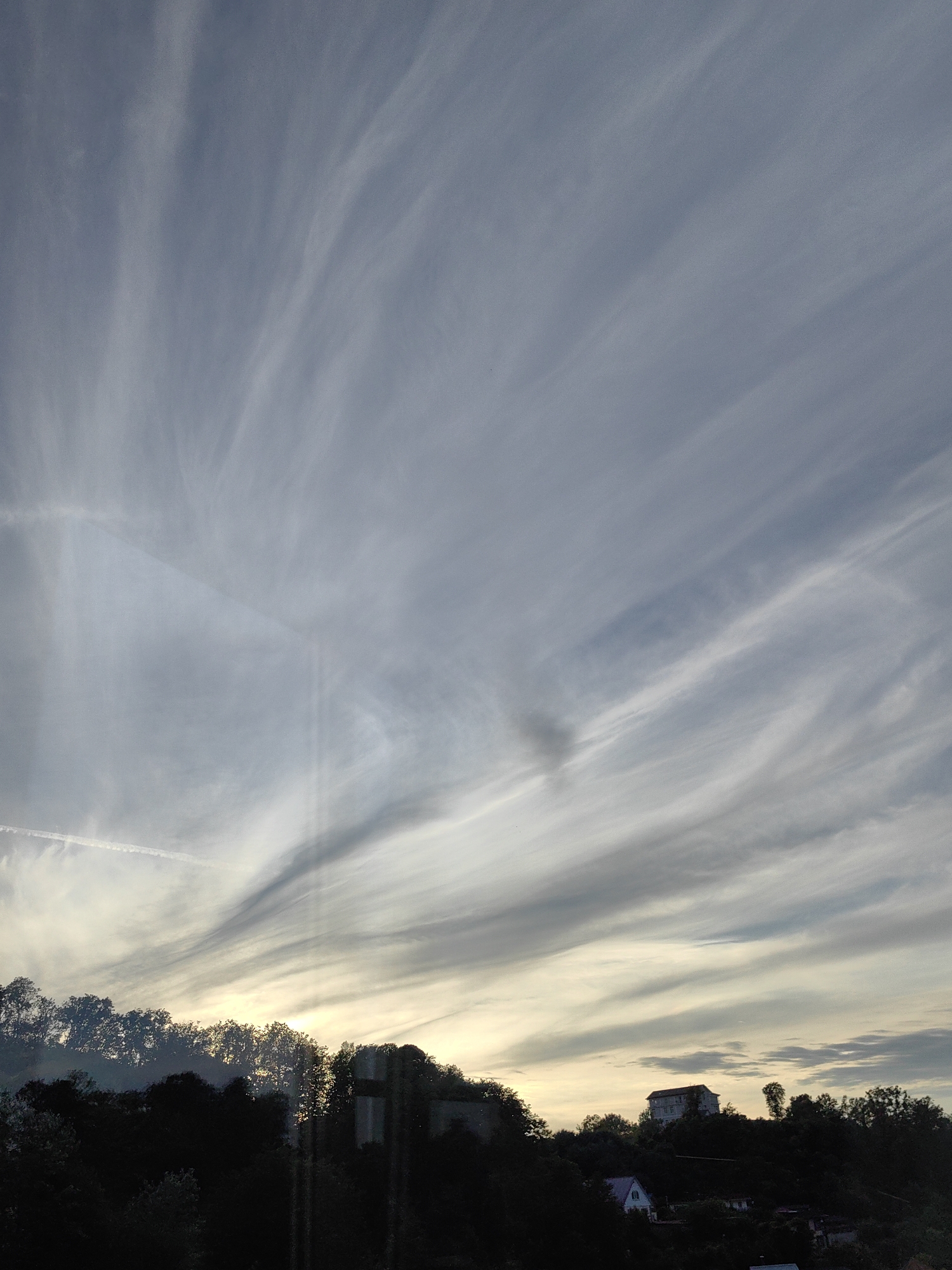 The image captures a dramatic sky over a hilly landscape, likely in the city of Sochi, Russia. Wispy, elongated clouds stretch across a pale blue and yellow sky, suggesting either dawn or dusk. The setting sun casts a soft glow, illuminating the undersides of the clouds and creating a serene atmosphere.
In the foreground, a dense line of dark trees forms a silhouette against the sky. The trees are lush and full, characteristic of the region's vegetation. Among the trees, scattered homes and structures can be seen peeking through, suggesting a residential area nestled on the hillsides. One house, in particular, stands out on a higher elevation, a light-colored building with multiple windows, hinting at the typical architecture found in this coastal city. Another, smaller structure with a pitched roof is visible further down the hill.
The overall scene is one of natural beauty and quiet habitation, with the dramatic sky adding a sense of awe. There are no visible people or animals in the image. The environment appears calm and still, the focus being on the interplay of light, clouds, and the landscape.
