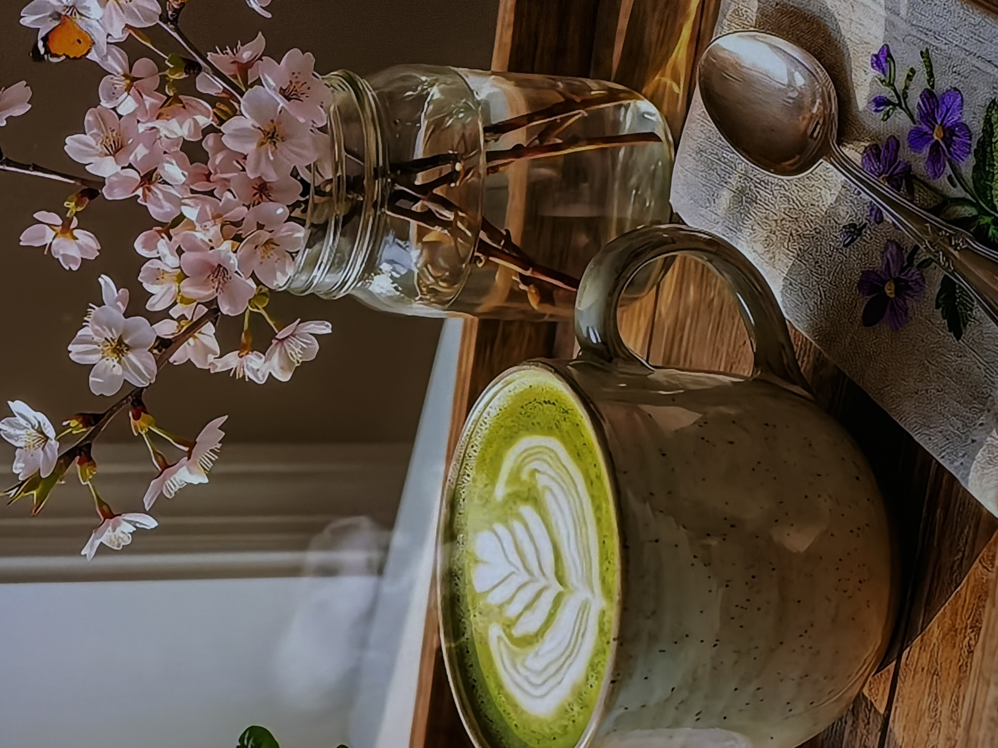 The image displays a tranquil still-life composition arranged on a wooden surface, with the photograph oriented such that the surface appears diagonally from the upper right to the lower left.
In the upper left quadrant, a clear glass mason jar holds a bouquet of delicate pink and white cherry blossoms, with numerous green stems visible in the water-filled jar. A small orange butterfly is gracefully perched on one of the upper blossoms. Adjacent to the jar, further down on the diagonal wooden surface, is a speckled, light-colored ceramic mug. It contains a vibrant green matcha latte, topped with intricate white latte art forming a detailed leaf-like pattern. Visible steam rises gently from the mug, indicating the drink's warmth. Alongside the mug, a silver spoon with an ornate handle rests on a textured, light-colored napkin. The napkin is adorned with embroidered purple flowers and green leaves, adding a decorative touch. The background features a blurred, light-colored wall or surface.
The scene is bathed in natural light, suggesting a daytime setting, and evokes a sense of peace and comfort. There is no explicit human activity, but the arrangement implies a moment of relaxation or enjoyment. This indoor tableau is located in Sofiivska Borshchahivka, Ukraine. There is no visible text in the image.