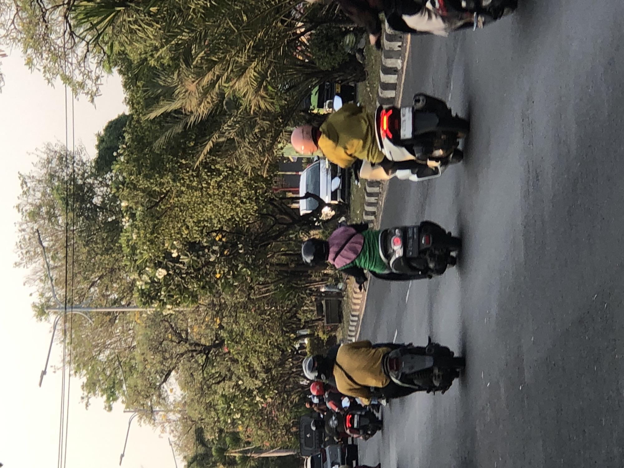 In Ngaban, Indonesia, a group of individuals are riding motorcycles on a paved road lined with trees. The sky is overcast and the sunlight creates a warm glow. The road appears to be a main thoroughfare with traffic. One person in the foreground is wearing a yellow hoodie and a pink helmet, riding a white motorcycle. Another person in front of them is wearing a green shirt and a purple headscarf, riding a dark-colored motorcycle. Behind them, other motorcycles and vehicles are visible, suggesting a moderate level of traffic. The trees lining the road are lush and green, with some flowering trees adding pops of color. Streetlights are visible in the distance, indicating the presence of urban infrastructure. The scene depicts a common mode of transportation in the region and the daily life of its inhabitants.