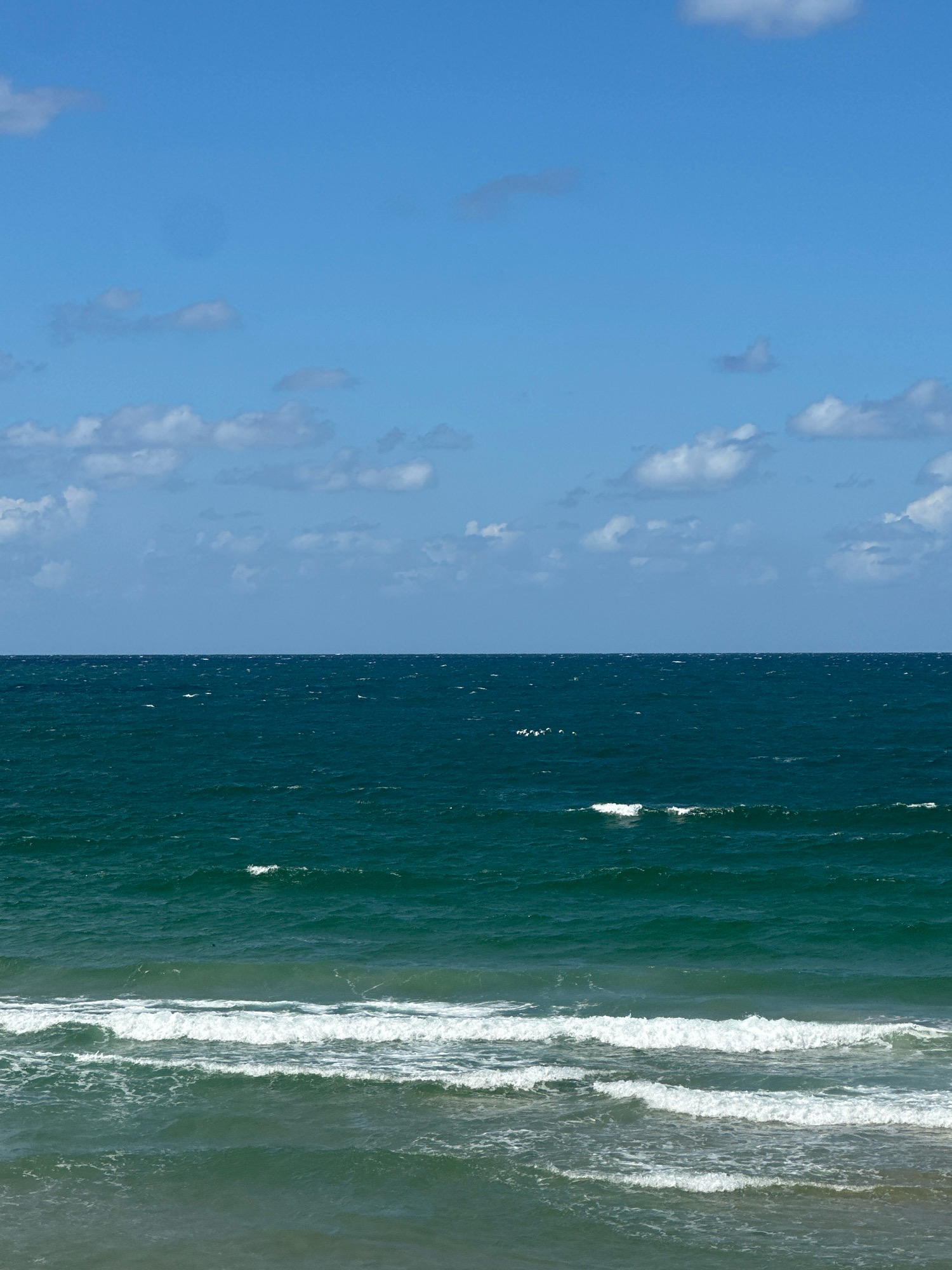 The image shows a wide view of the Mediterranean Sea under a bright blue sky with scattered white clouds. The water is a deep teal color, with gentle waves breaking near the shore. Several whitecaps are visible on the surface of the sea. The horizon line is clearly defined, separating the water from the sky. The scene is devoid of any people or man-made structures, suggesting a natural and serene coastal environment. The location is the coast of Tel-Aviv, Israel.