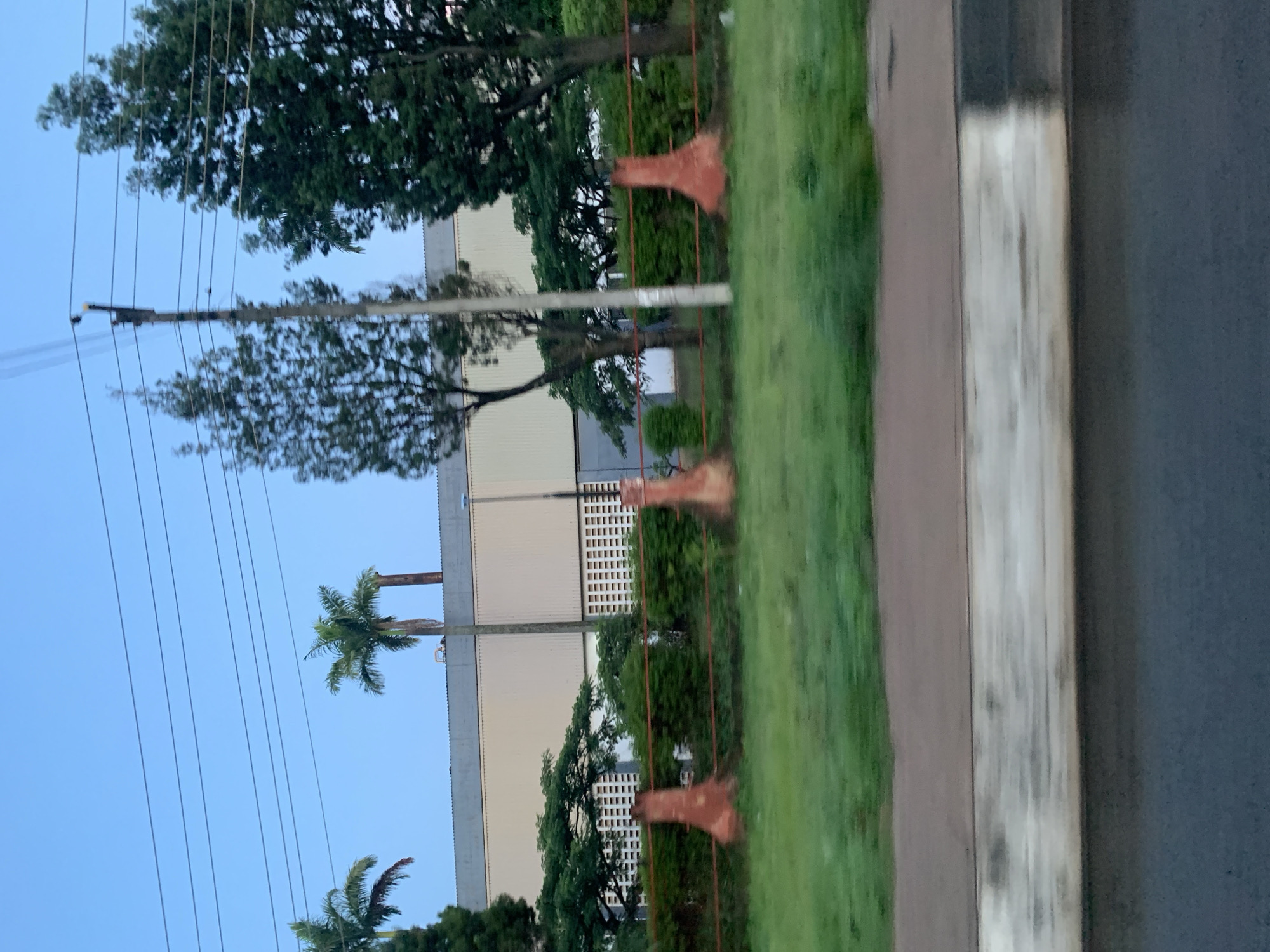 The image depicts an outdoor scene, likely captured from a moving vehicle, showing a wide, low-lying building with a corrugated metal roof and a beige-colored facade. The building has a section with white, patterned ventilation bricks. In front of the building, there is a row of dense green bushes, bordered by a red railing supported by three concrete pillars. These pillars are conical in shape and have an orange-red hue. Two palm trees are visible above the building's roof, one to the far left and another to the left of center. A single utility pole with overhead wires stretches across the frame, passing behind some trees. The foreground shows a strip of green grass, a section of pavement, and a road. The sky is clear and light blue. This scene is consistent with the industrial or commercial outskirts of a city like Jos, Nigeria, where such buildings and vegetation are common.