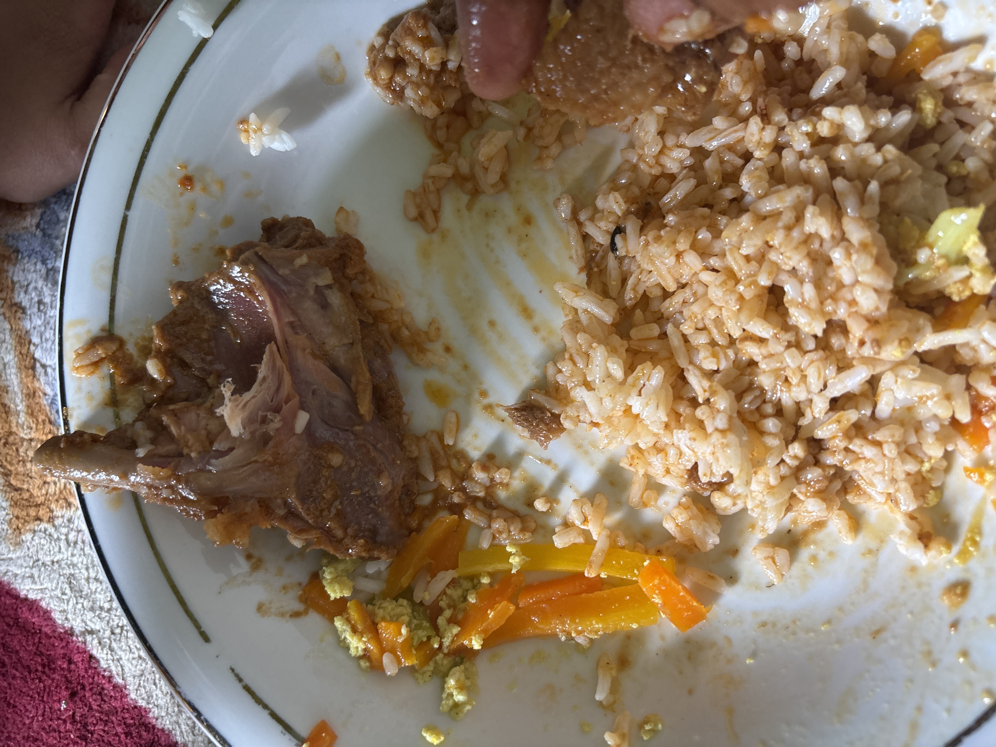 A plate of food sits on a patterned cloth. The plate is white with a metallic rim. On the plate are several pieces of meat, white rice, and sliced orange and yellow bell peppers mixed with scrambled eggs. A human hand is visible in the lower right corner, reaching for food. The food appears to have been partially eaten. The scene is likely indoors, given the presence of the plate and the cloth. The location in Geulanggang Teungoh, Indonesia, is noted, but there are no visual cues in the image to confirm this specific location beyond the provided context.