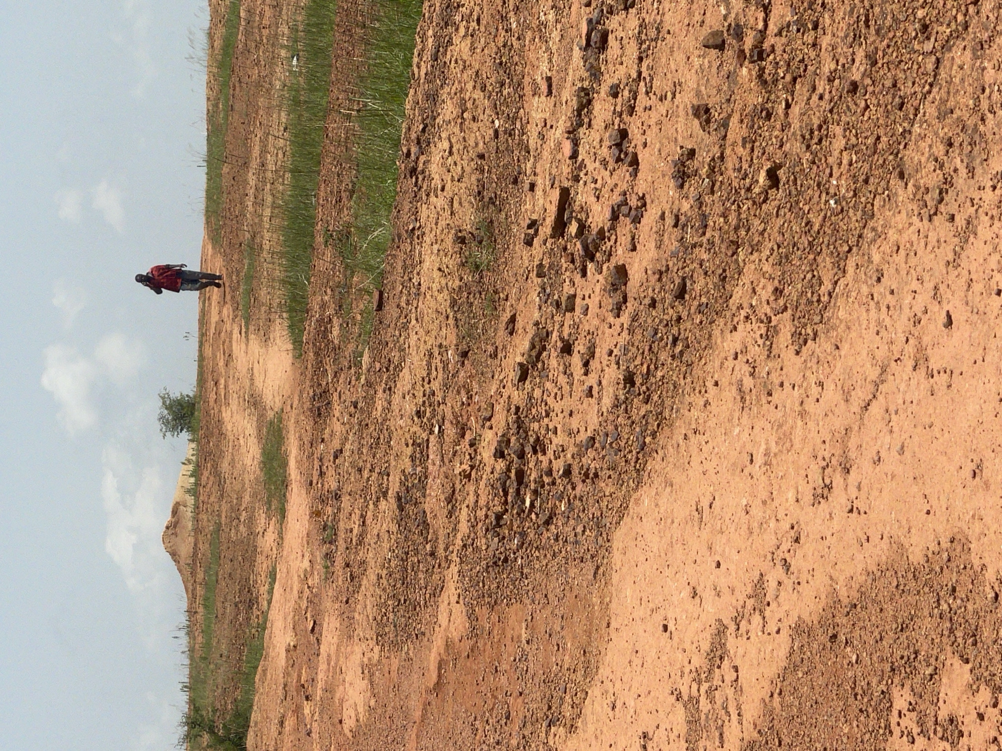 An individual wearing a red shirt and dark pants walks along a reddish-brown dirt road in Jos, Nigeria. The road is uneven and scattered with small stones and pebbles. On either side of the road, dry, sparse green grass grows. In the background, a small, man-made mound of dirt is visible, topped with some vegetation. The sky is a pale blue with scattered white clouds. The overall scene depicts an outdoor, semi-arid environment in Jos, Nigeria.