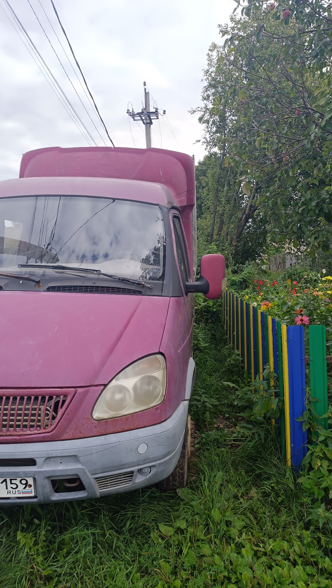 In Karsha, Russia, a close-up, eye-level shot captures the front quarter of a faded pink van parked on grassy terrain. The van's grille, headlights, and windshield are visible, reflecting the overcast sky and surrounding trees. To the right of the van, a colorful fence, painted with vertical stripes of blue, yellow, and green, separates the vehicle from a bed of blooming flowers. Overhead, power lines stretch across the frame, supported by a utility pole on the left. The overall scene is one of an outdoor setting, likely a residential area, with a focus on the van and its immediate surroundings.