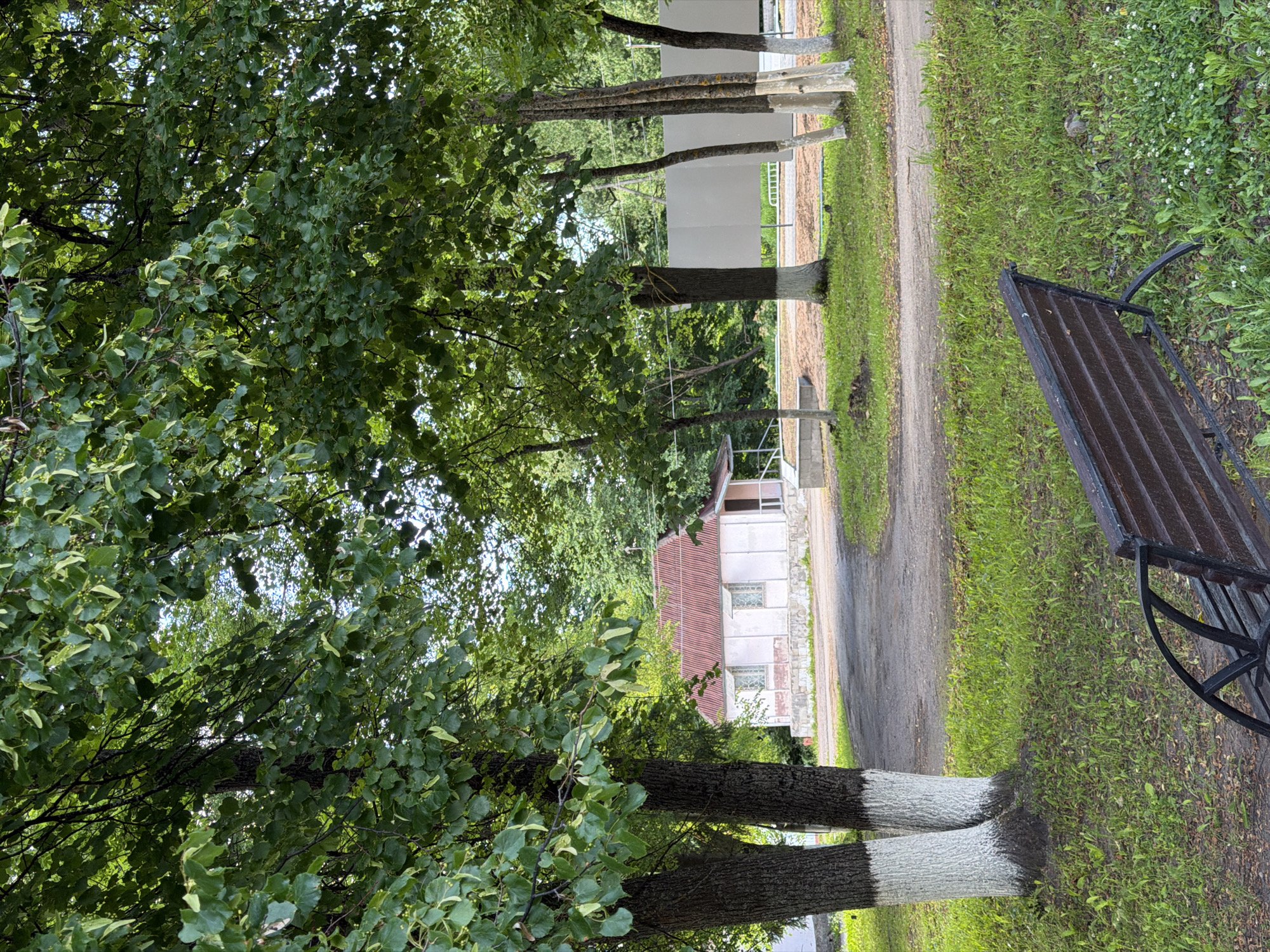 A park bench sits in the foreground of an image, facing away from the viewer. Beyond the bench, a gravel path curves through a grassy area dotted with trees. To the left of the path, a small, white building with a red roof is visible, appearing to be an old house or shed. The trees are lush and green, suggesting it is summertime. The overall scene conveys a sense of quiet and natural beauty, possibly in a rural or suburban setting. The location is identified as Moshenskoe, Russia.