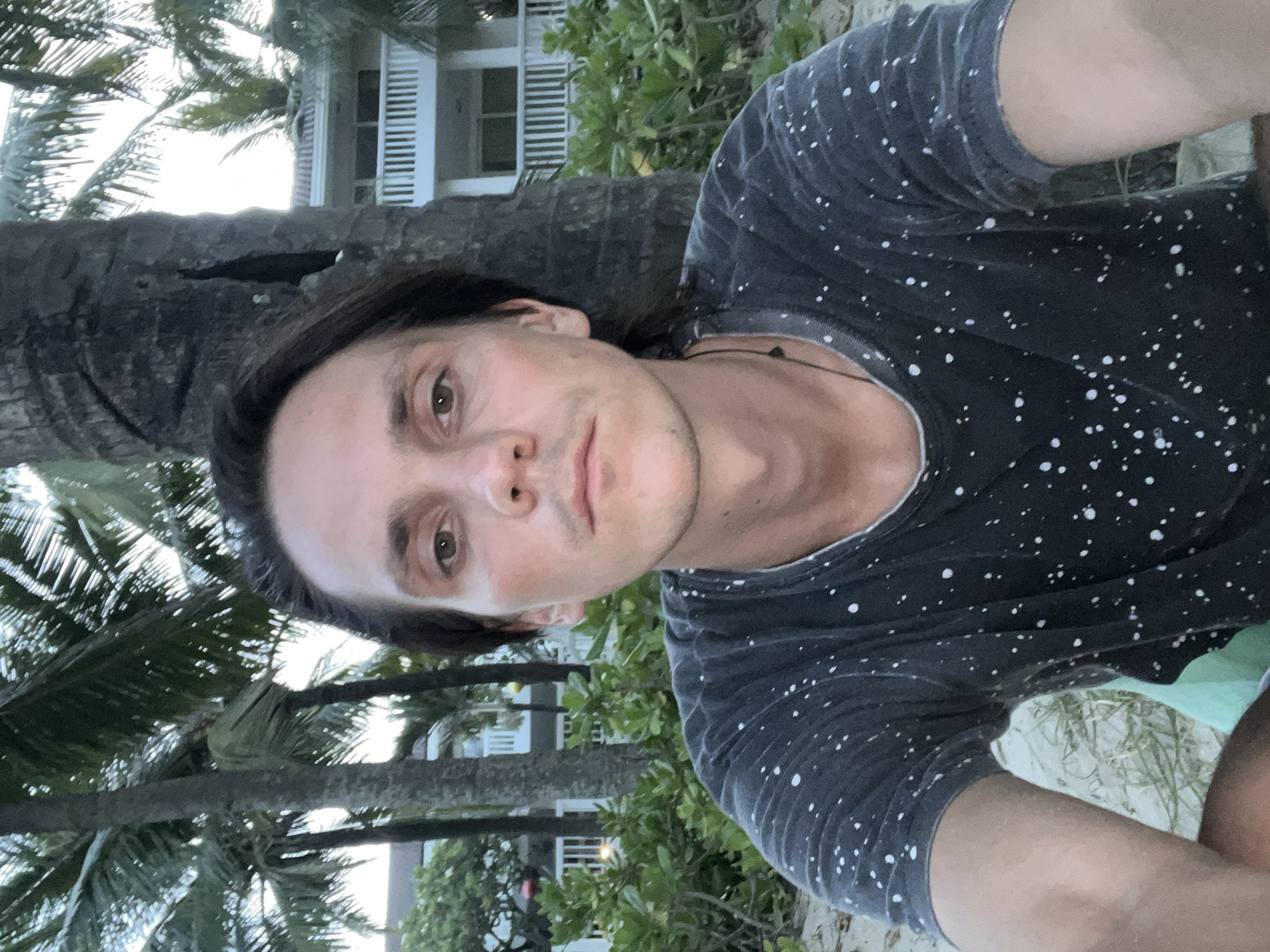 This is a selfie of a person with shoulder-length dark hair, looking directly at the camera. They are wearing a dark t-shirt with a white speckled pattern. The background suggests an outdoor tropical setting. To the left of the person is a large palm tree trunk, and further back, palm fronds are visible against a bright sky. Behind the palm tree, a white building with balconies and shutters can be seen, possibly a hotel or residence. Green foliage and more palm trees are interspersed throughout the scene. The lighting indicates it might be late afternoon or early evening, with diffused light, suggesting overcast conditions or the golden hour. The overall mood appears relaxed and casual, typical of a vacation or leisurely moment in a warm climate. There is no visible text in the image. Given the provided location context of Đà Nẵng, Vietnam, the scene likely depicts a beachfront or resort area.