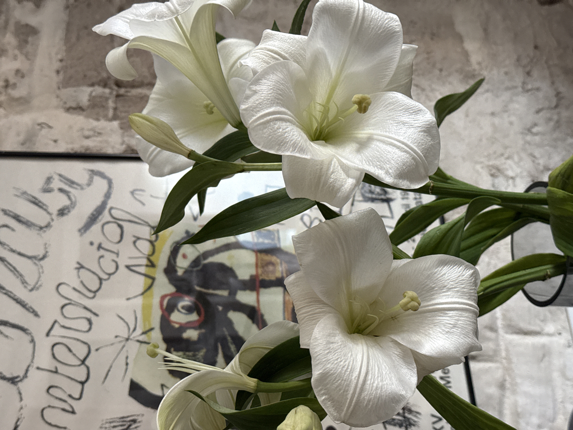 A close-up, eye-level shot showcases a bouquet of white lilies with prominent yellow stamens, arranged in a dark vase. The lilies are the central focus, with their petals and leaves rendered in sharp detail against a blurred background. Behind the flowers, a framed artwork is visible, featuring abstract black and white scribbles and a circular, eye-like motif in red. The background wall is constructed of light-colored bricks. The overall impression is one of domestic tranquility, potentially within an apartment in Tel Aviv, Israel, given the art and the interior setting. There are no people or animals present.