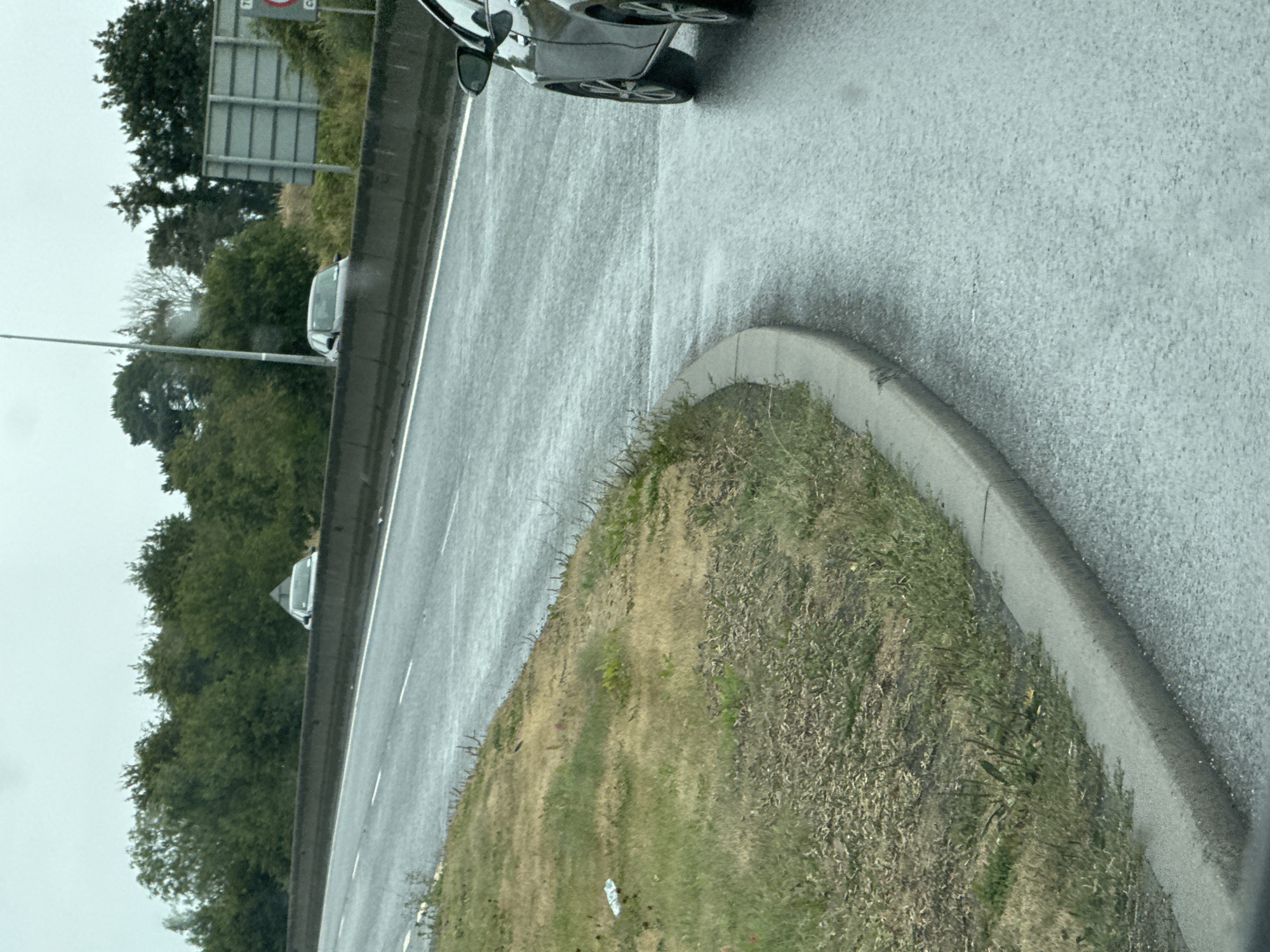 The image captures a view of a wet highway in Grannagh, Ireland, likely during or after rainfall. The road surface is slick and reflects the overcast sky. On the left side of the image, a grassy verge with dried and green patches slopes down from a concrete curb. In the background, a concrete barrier separates the highway from the opposite lanes, beyond which trees line the horizon. Several cars are visible on the highway. One dark-colored car is in the foreground on the right, with its rear wheels visible. Further down the road, other cars are seen in the distance, some appearing lighter in color. A large grey sign structure is also present in the background on the right. The overall atmosphere is muted due to the weather conditions.