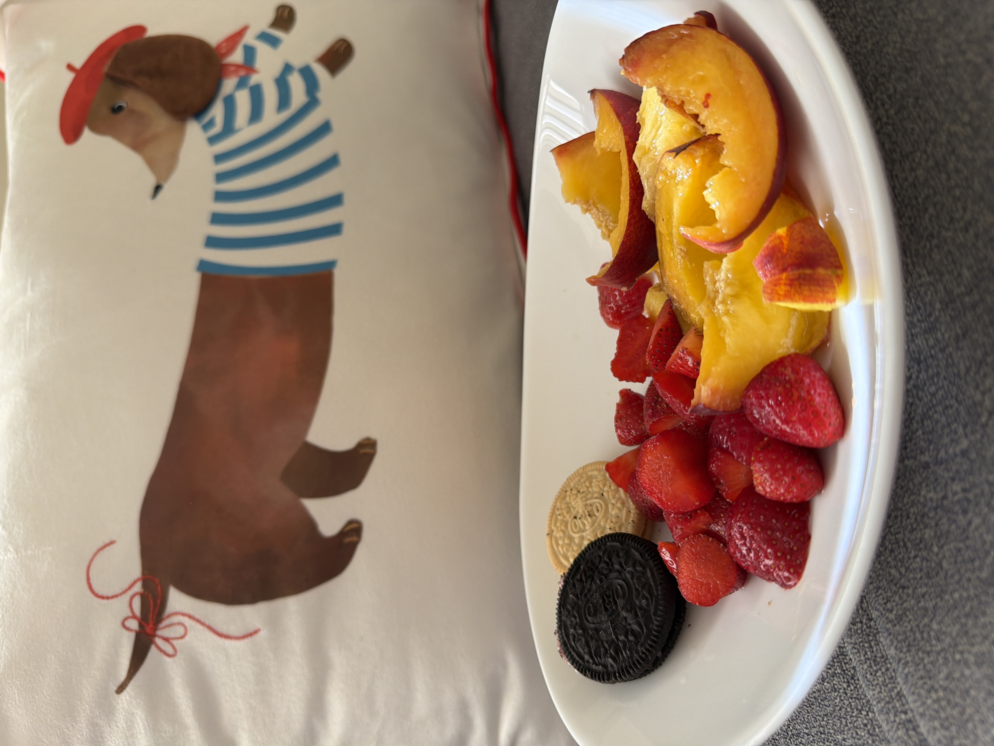 A close-up shot shows a white plate filled with sliced strawberries and peaches. Two cookies, one dark chocolate and one light, are placed to the left of the fruit. In the background, a white pillow is visible, featuring an illustration of a dachshund wearing a red beret and a striped shirt. The image is taken from a low angle, with the pillow dominating the background and the plate of food in the foreground. The scene is set indoors, with a gray textured surface beneath the plate. There is no indication of the city of Pazardzhik, Bulgaria.