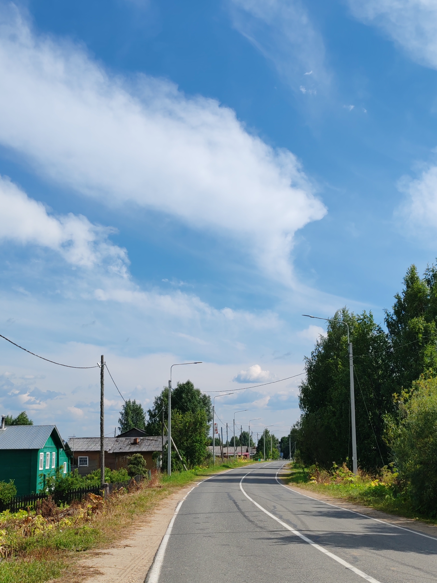 The image depicts a rural scene in the Chuchloma, Russia region, showing a paved road curving to the right. On the left side of the road, there are several wooden houses, one painted bright green with white trim and windows. A black wooden fence separates the houses from the road, and in front of the fence, there is dense green vegetation and some dried plants. A wooden utility pole with wires stretches across the frame. On the right side of the road, there is a dense line of tall green trees. The sky is blue with scattered white clouds. Several streetlights are visible along the road. The road has a white line marking its center and edge.