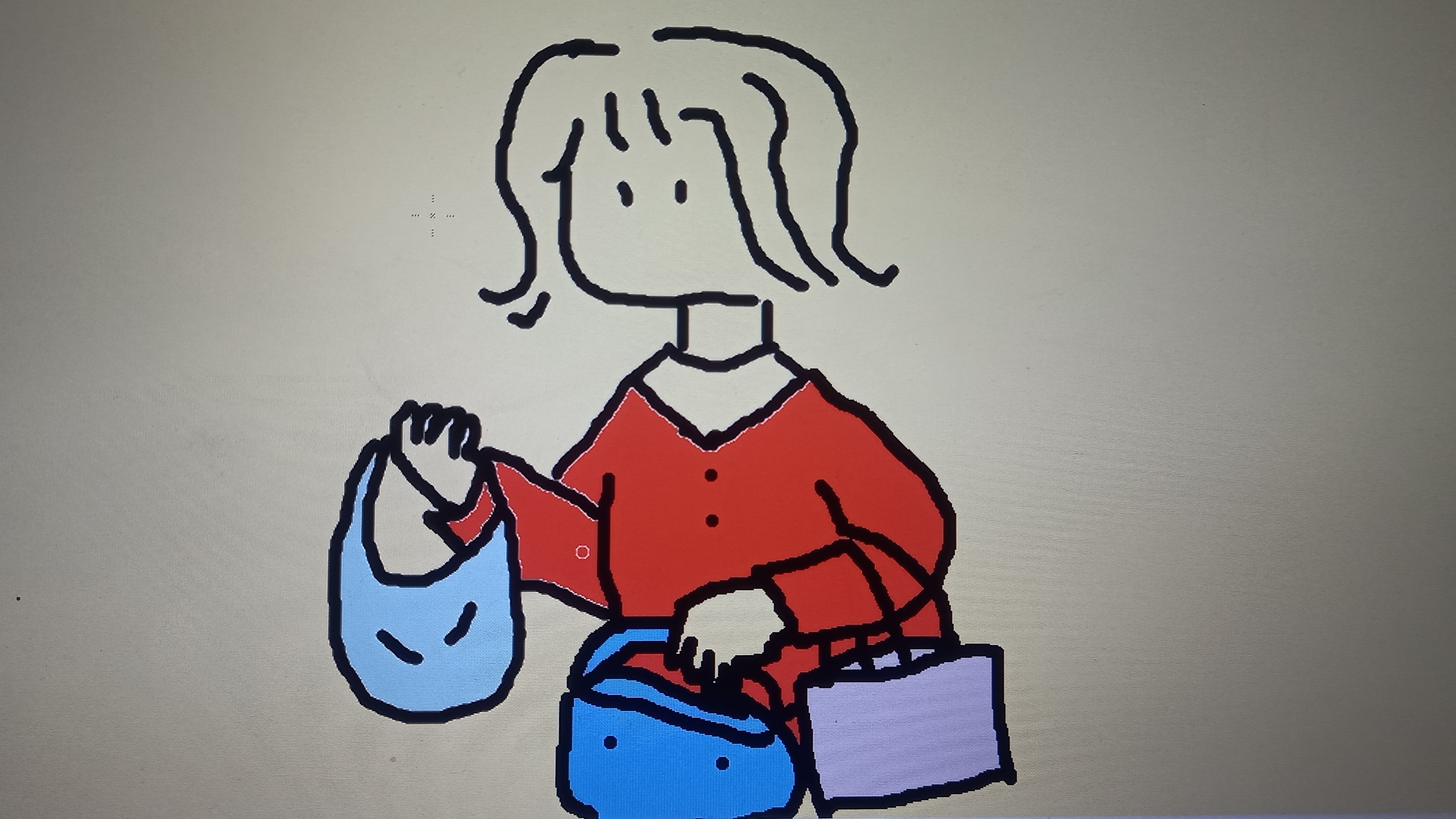 A simple, hand-drawn, digital illustration depicts a person with a light-skinned face and black, wavy hair wearing a red shirt. The person is holding three shopping bags. One light blue bag with a smiley face is held in their left hand. Below this, a larger, bright blue bag is being held with both hands. To the right of the blue bag, a pale purple rectangular bag is visible. The background is a plain, light beige color. The image does not contain any elements that would indicate its location in Leuwisadeng, Indonesia or any other specific geographical area.