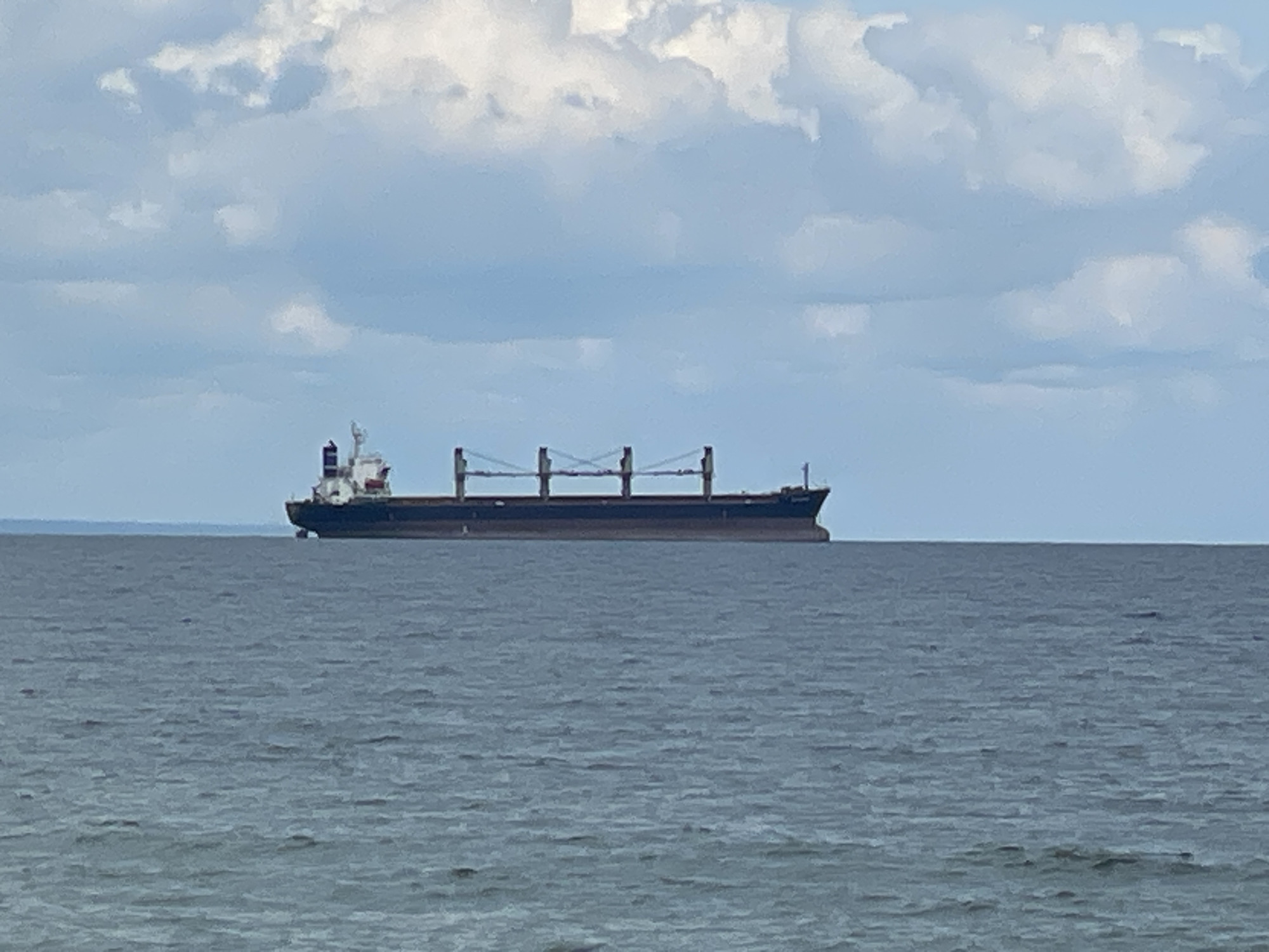 A cargo ship sits in the sea under a cloudy sky. The ship is dark-colored with a white superstructure. The water is choppy. The location is likely Varna, Bulgaria, given the prompt.