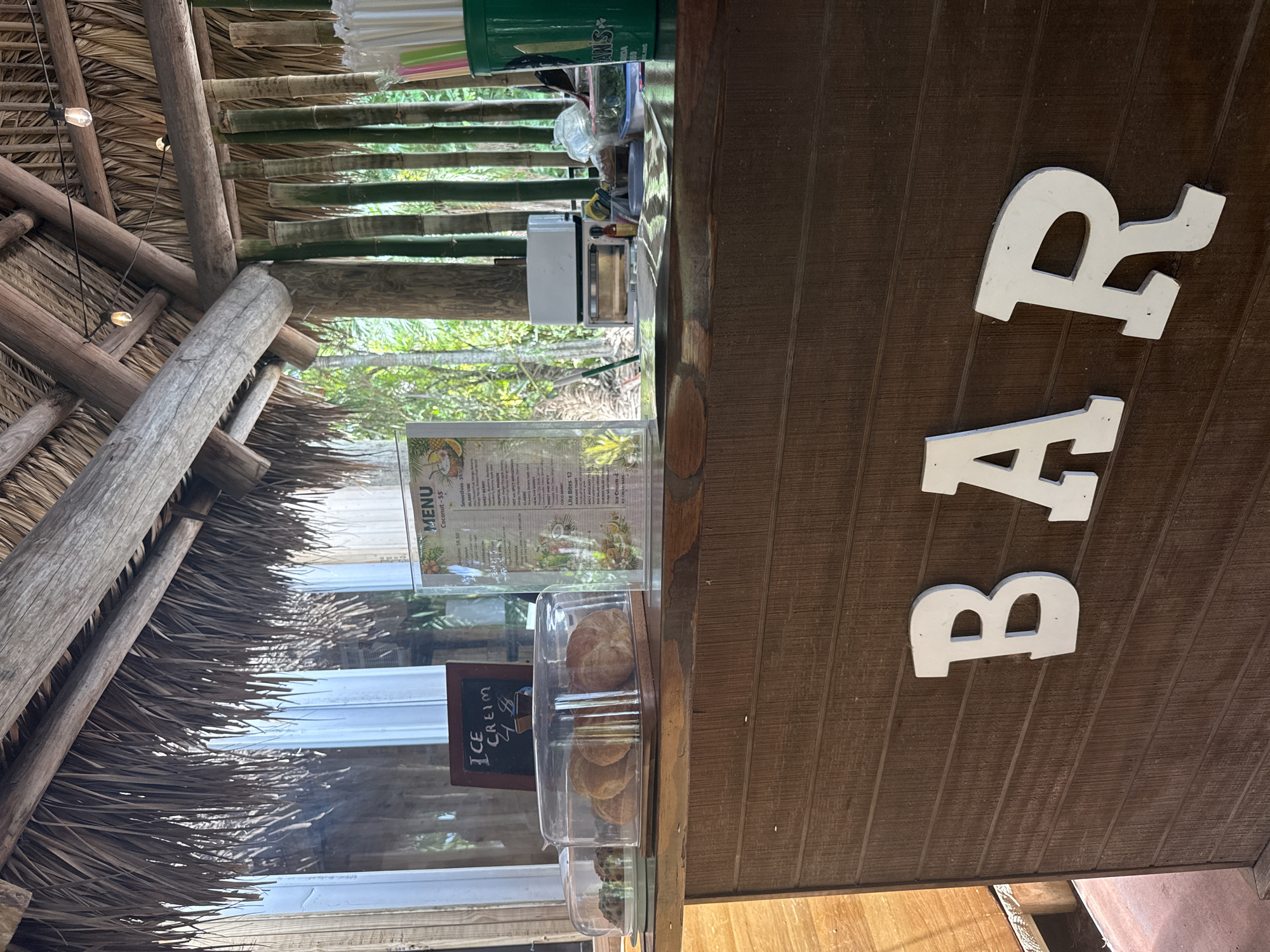 Here is a description of the image:
The image shows an outdoor bar with a thatched roof structure. A menu and a display case with pastries and a sign for ice cream are visible on the bar's surface. The word "BAR" is written in large white letters on the front of the bar. The scene appears to be located in Davie, Florida, based on the presence of a straw dispenser that says "ANS" on it. The scene is devoid of people.
