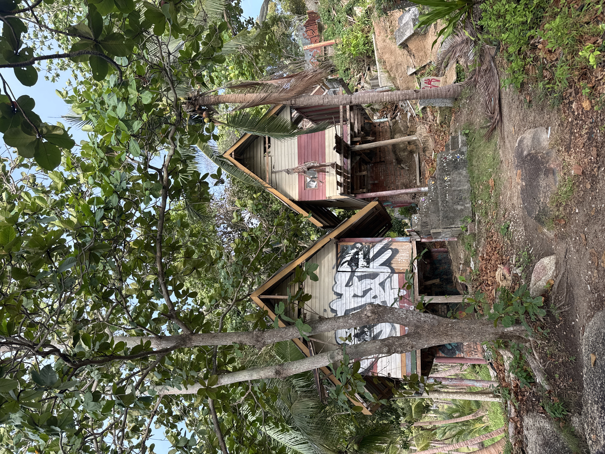 Two dilapidated wooden houses are stacked on a hillside in Baan Thong Nang, Thailand. The lower house has white graffiti on its façade. A pathway leads up to the houses, which are surrounded by trees and vegetation. A palm tree is visible near the upper house. Both structures are in disrepair.