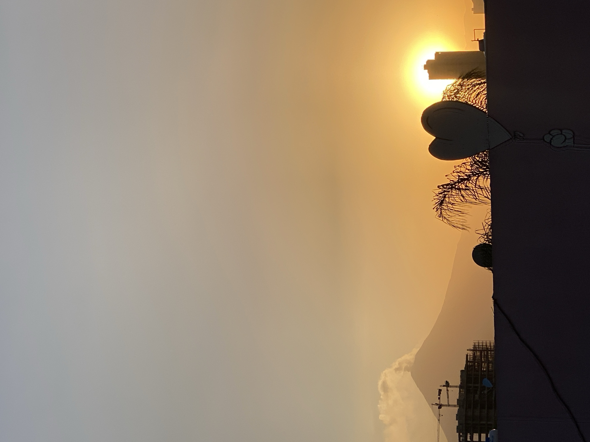 The media file displays an image, originally captured in landscape orientation and then rotated 90 degrees clockwise, depicting a sunrise or sunset over an urban landscape with mountains in the background. The sky, dominating the left and central parts of the frame, transitions from a bright, intense yellow around the visible sun at the top-right to warm orange hues, fading into a softer, cooler grey-blue towards the bottom-left.
In the foreground, on the right side, a dark, solid wall or edge of a building runs vertically across the frame, creating a strong silhouette. Attached to this wall is a large, white, heart-shaped balloon, which also appears as a silhouette against the glowing sky. A cartoon-like flower design is visible near the heart, seemingly attached by a string or wire. A dark electrical cable extends downwards along the wall. Further up and to the left of the heart, a small, dark, round object is visible.
Against the bright sky, several elements appear in dark silhouette:
* A tall building partially obscures the direct view of the sun at the top-right.
* Below this, intricate, spiky palm-like foliage is visible.
* In the lower-right quadrant, a construction site with multiple cranes and scaffolding rises from behind the wall, silhouetted against the distant mountains.
* Beyond the urban structures, a range of mountains stretches across the middle ground, their peaks softened by distance and atmospheric haze.
* A distinct, fluffy white cloud formation rests near the base of the mountains in the lower-central area, catching the light. Other subtle cloud wisps are visible higher in the sky.
The strong backlighting from the low sun creates a dramatic scene, highlighting the silhouettes of the foreground objects and the serene beauty of the sky and distant mountains. There is no visible text in the image. The scene captures a moment of urban tranquility against a vast natural backdrop, consistent with the provided location context of Puebla, Mexico, which is known for its mountain views and developing urban areas.