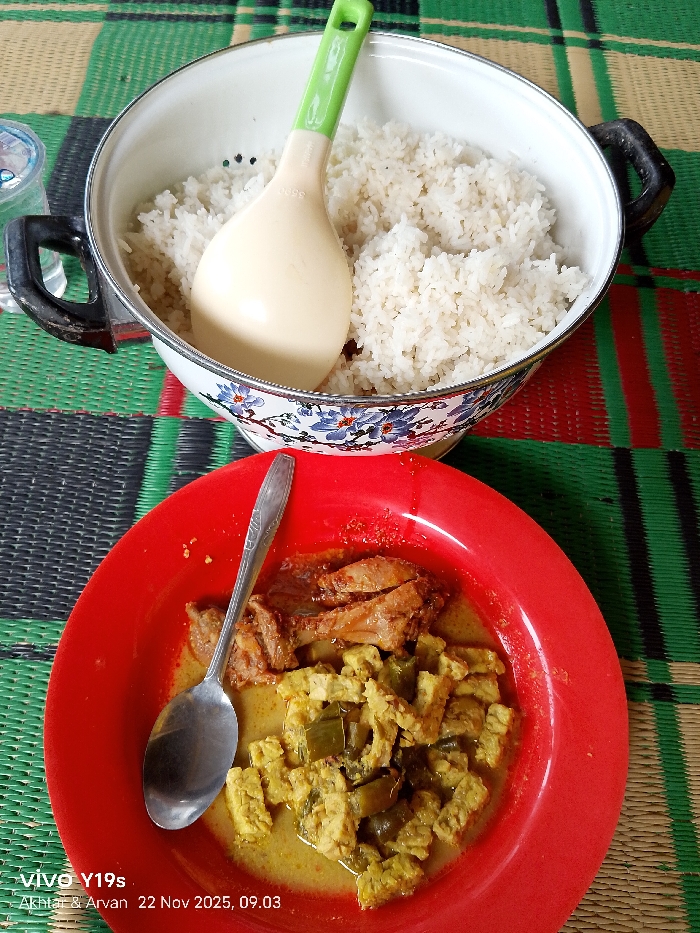 A pot filled with white rice sits atop a woven mat. Inside the pot is a white spoon with a green handle. Beside the pot, there is a red plate. On the plate is a piece of what appears to be chicken and tempeh in a yellow sauce. A silver spoon lies across the chicken and tempeh. The picture was taken with Vivo Y19s on November 22, 2025.