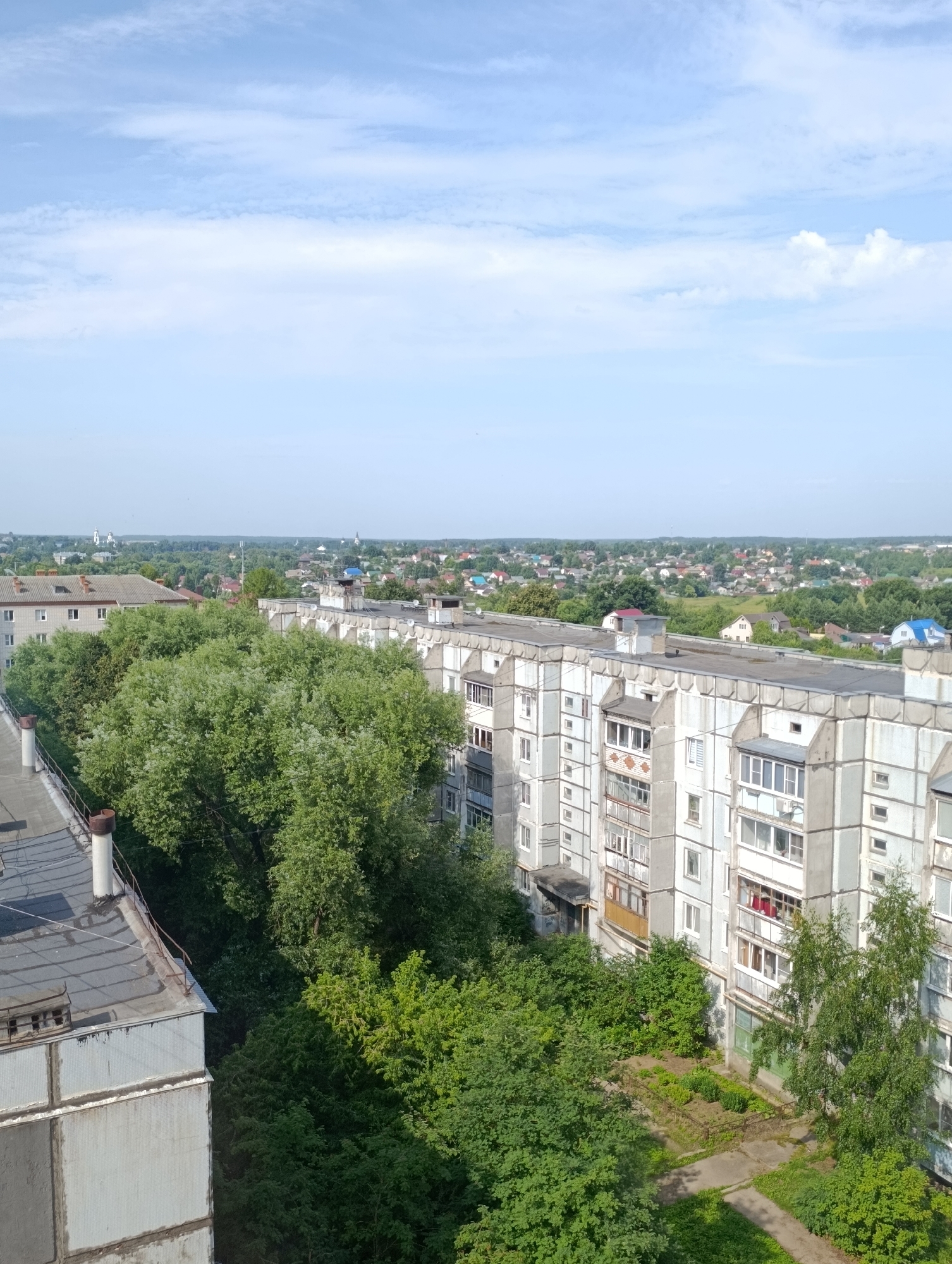 This is an aerial, eye-level, medium shot of a residential area in Alexandrov, Russia. The image features a multi-story apartment building in the foreground, made of concrete and grey panels, with numerous windows and balconies. Lush green trees and foliage surround the building and extend into the background, obscuring parts of the lower levels. Beyond the immediate buildings and trees, a town or city unfolds with more residential structures, some with red and blue roofs, scattered amongst more greenery and trees. In the far distance, a few white-domed structures, likely churches, are visible, along with a light blue sky with scattered white clouds. The scene appears to be captured on a clear, sunny day. There are no people visible in the image.