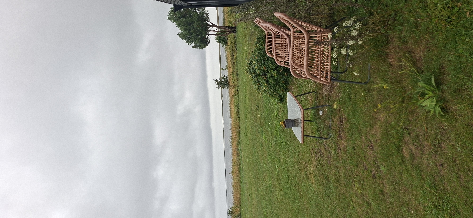 This media file depicts an outdoor scene on an overcast day in Sääre, Estonia. The foreground features a patio set consisting of a glass-topped table with a gray pot containing yellow flowers, and several wicker chairs. The chairs are stacked together, suggesting they are not in use. Behind the patio furniture is a lush green lawn that slopes towards a body of water, likely the sea, which is visible in the background. A treeline separates the lawn from the water, with reeds or tall grasses growing along the shoreline. A dark building, possibly part of a house or other structure, is visible on the far left edge of the frame. The sky is filled with heavy, gray clouds, indicating a gloomy or rainy day. The overall atmosphere is one of quiet stillness, with no people or visible activity. The time of day is indeterminate due to the overcast conditions.