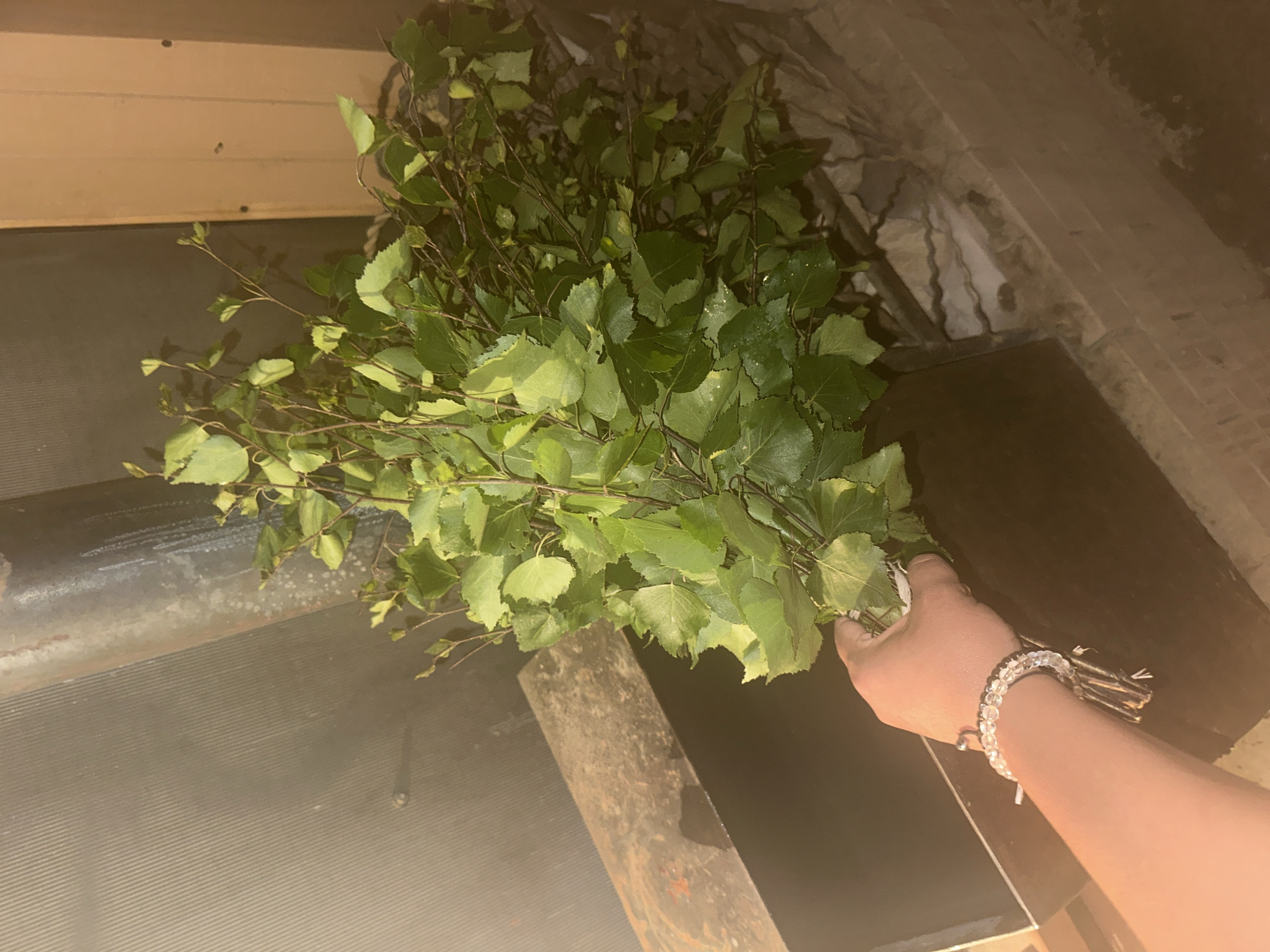 A close-up, eye-level, indoor shot shows a hand holding a bunch of birch branches with green leaves. The branches are bound together at the stems with a white string. The hand wears a bracelet with clear beads. The background is dimly lit and appears to be a sauna or a similar structure, with a metal pipe or ventilation duct running vertically on the left side and a textured, possibly metal, surface. A dark, rectangular object is positioned to the left of the hand, partially obscured by the branches. To the right of the branches, a rough, possibly stone or brick, wall is visible. The overall impression is of a rustic, possibly humid, environment. The image has been taken in Abzakovo, Russia.