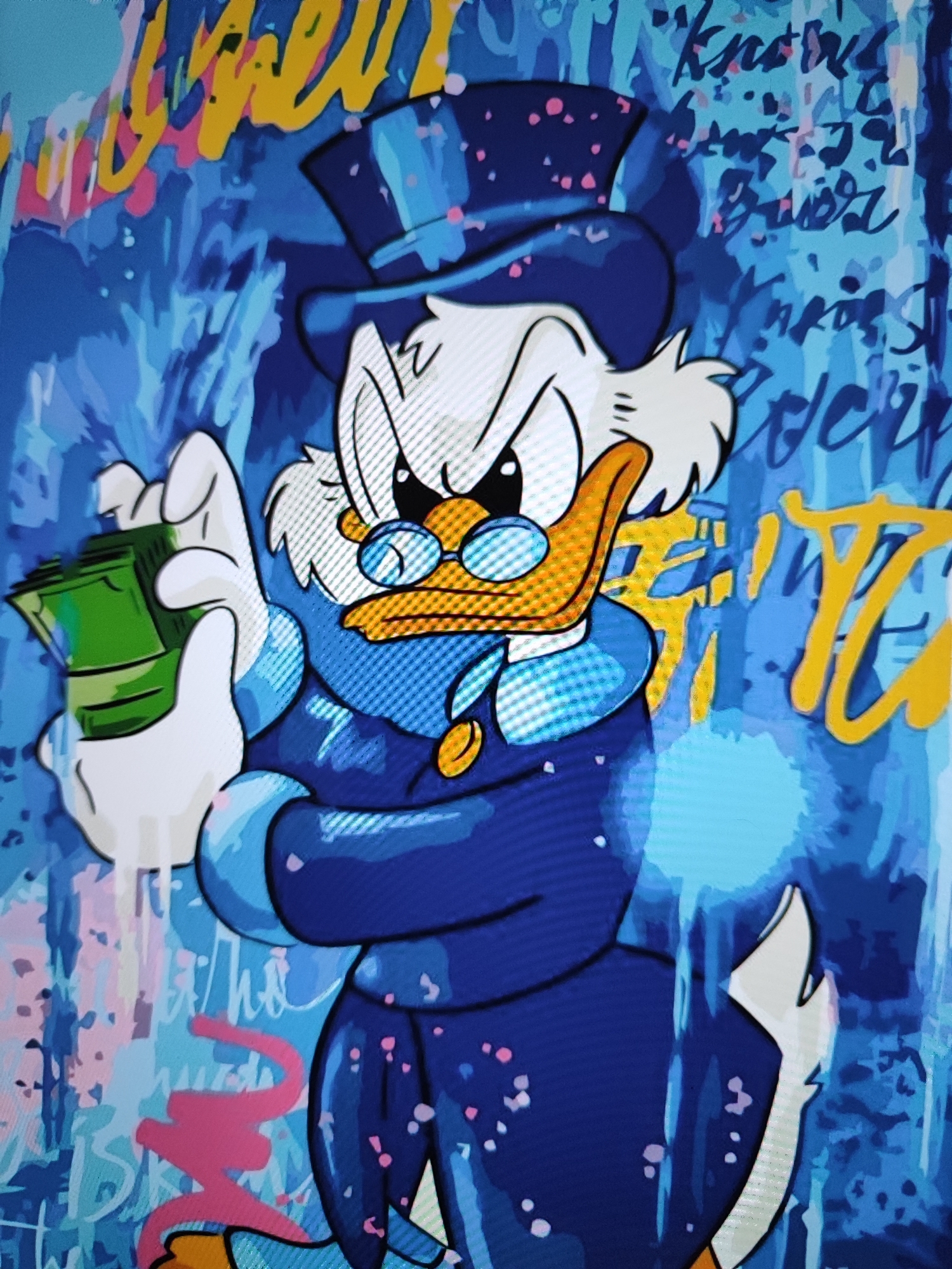 The image is a digitally rendered artwork featuring a cartoon character, likely Scrooge McDuck, in a vibrant blue and yellow palette. The character, depicted with a top hat, glasses, and a blue coat, holds a stack of green banknotes in its left hand. The background is a chaotic blend of abstract blue brushstrokes and yellow graffiti-like lettering, with scattered pink and white dots. The overall aesthetic is energetic and reminiscent of street art. The image does not contain any information or visual cues that would suggest a location in Fergana City, Uzbekistan.