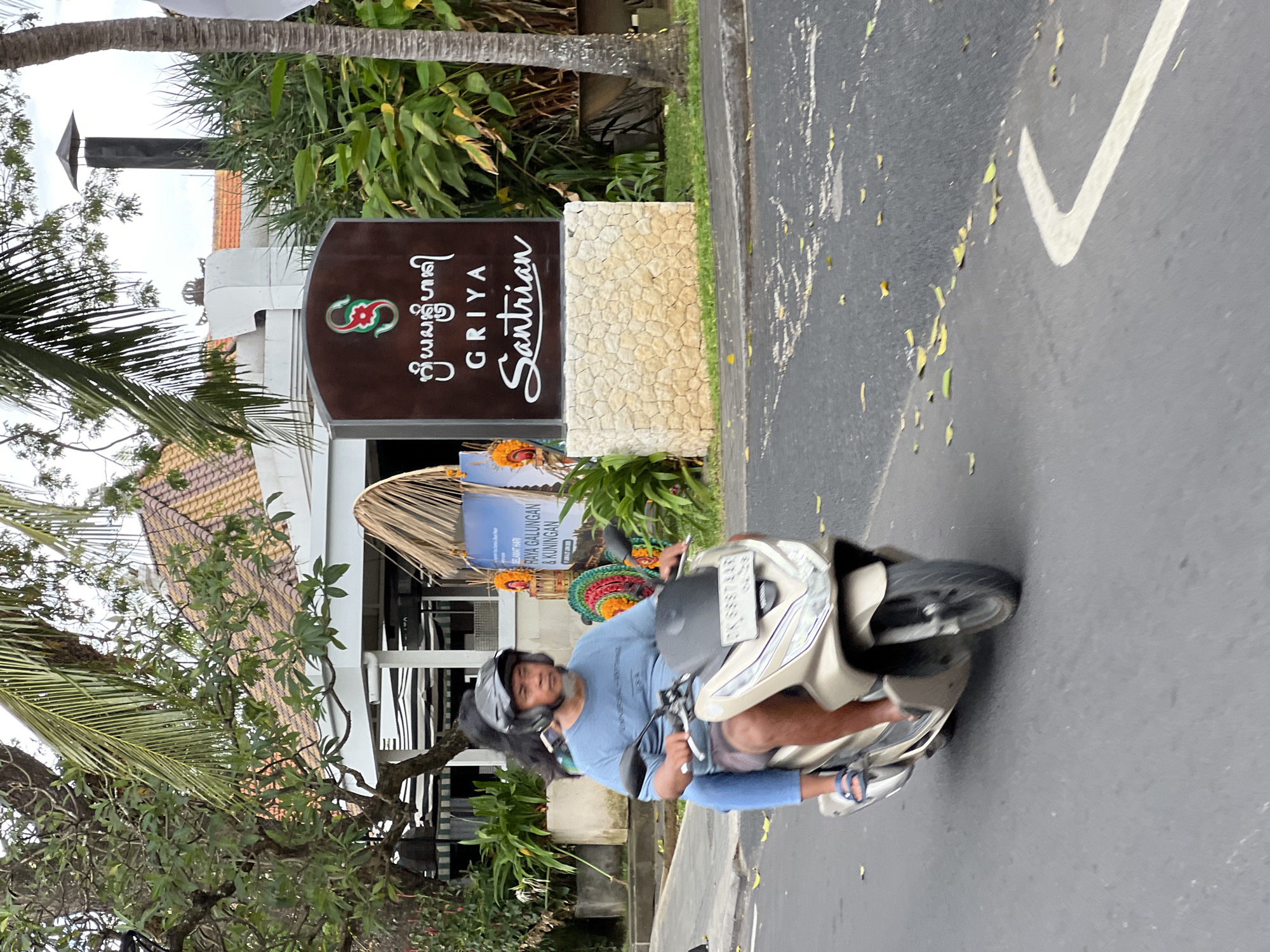 The image captures a street scene in Denpasar, Indonesia. In the foreground, a man wearing a blue t-shirt and a helmet rides a beige scooter, with a passenger also wearing a helmet behind him. The man is looking forward and appears to be driving. The scooter has a license plate that reads "DK 9997 AA B".
Behind the scooter, a large, dark brown sign with white lettering stands on a stone base. The sign displays a logo with the letters "S" in red and green, followed by text in an unfamiliar script, and then "GRIYA Santrian". To the left of the sign, there are colorful woven decorations and a banner with text including "SELAMAT HARI RAYA GALUNGAN & KUNINGAN".
The environment suggests a tropical location, with palm trees and lush green foliage visible. The road surface is asphalt and appears to have fallen leaves scattered on it. Buildings with tiled roofs and white architectural elements are present in the background. The sky is overcast.
